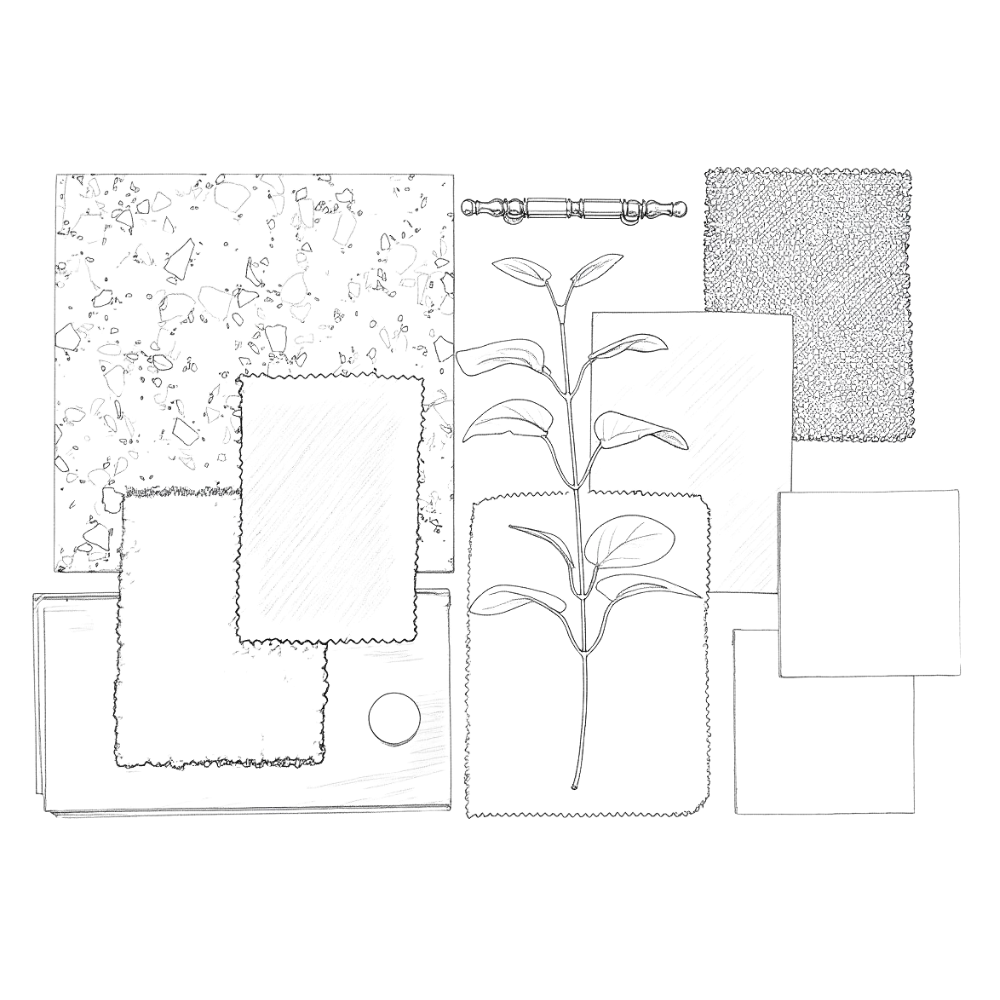 Line drawing of a potted plant surrounded by various textured squares and rectangles.
