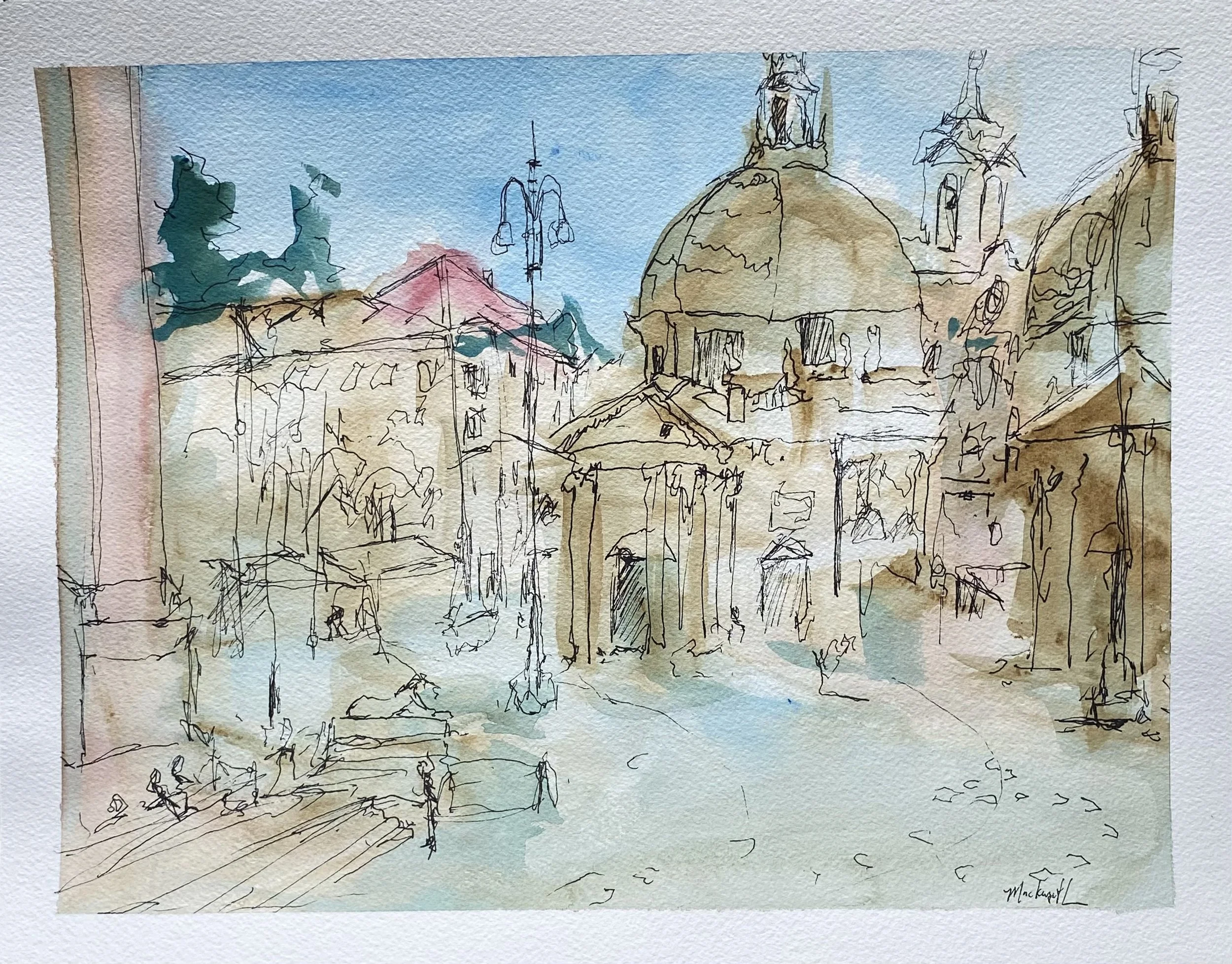 Piazza Del Popolo, Rome. 11"x14" watercolour and ink. 2023