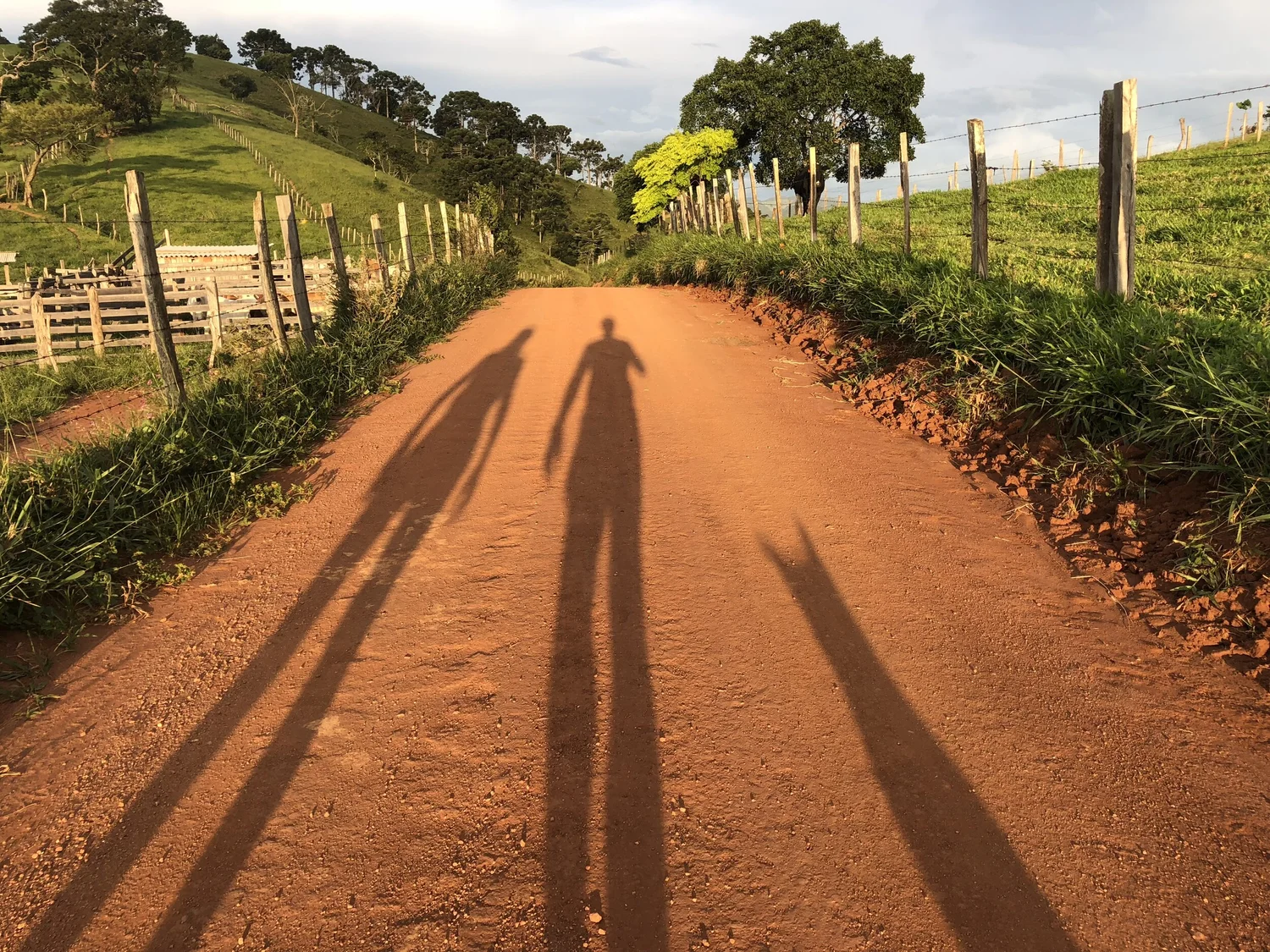 Shadows of David Green and Lucky walking on the red dirt road in Brazil