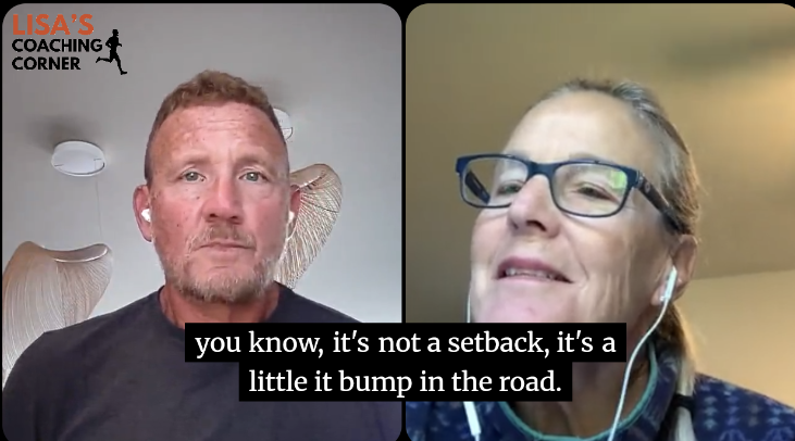 Split screen from a Lisa's Coaching Corner video call between David Green and coach Lisa Smith-Batchen, with the subtitle: you know, it's not a setback, it's a little it bump in the road.