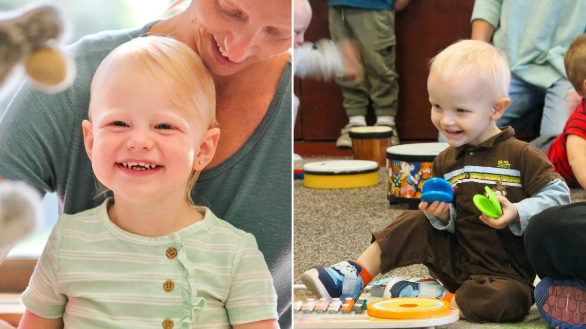 Children smiling and interacting with musical toys