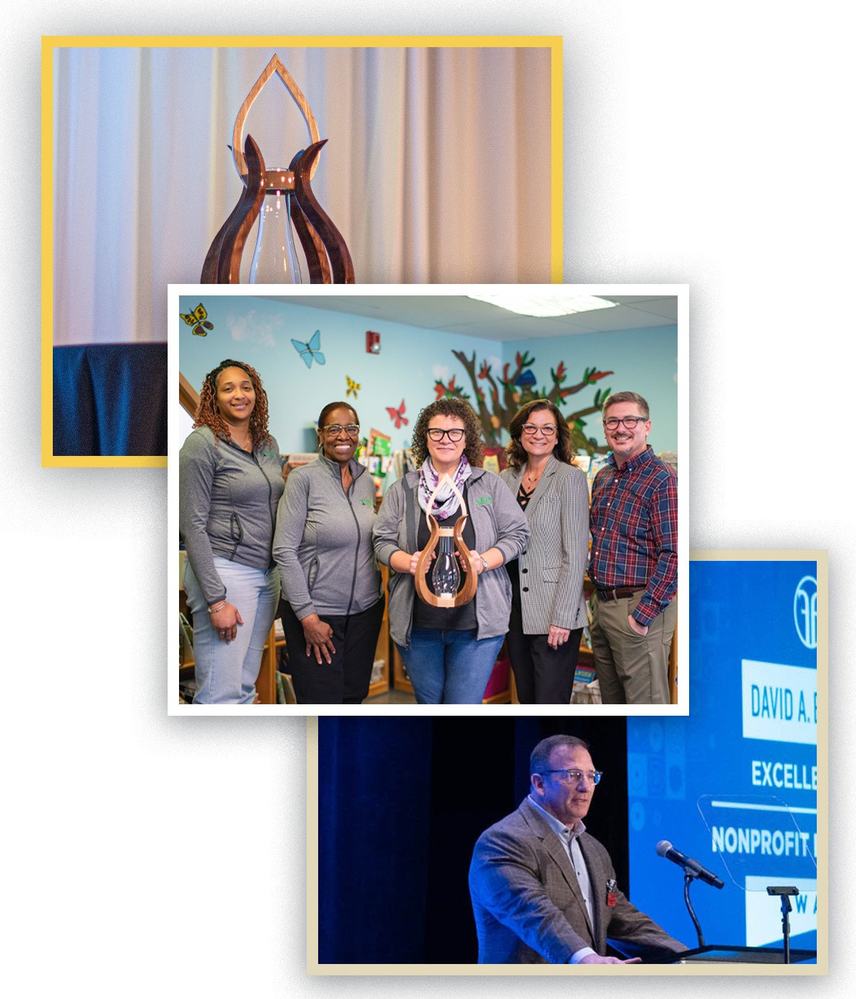 Collage of previous annual award meetings and recipients