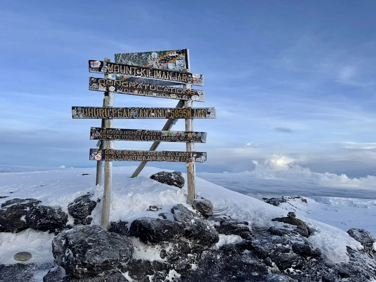 Snow-covered mountain summit sign indicating Mount Kilimanjaro at 19,341 feet, the highest point in Africa, with a cloudy sky in the background.