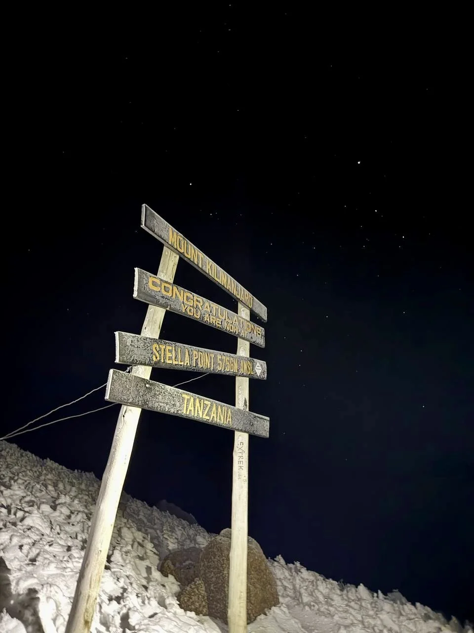 Wooden signpost on snow-covered ground at night with stars in the sky, indicating directions and locations including Mount Kilimanjaro, Zanzibar, and Stella Point.