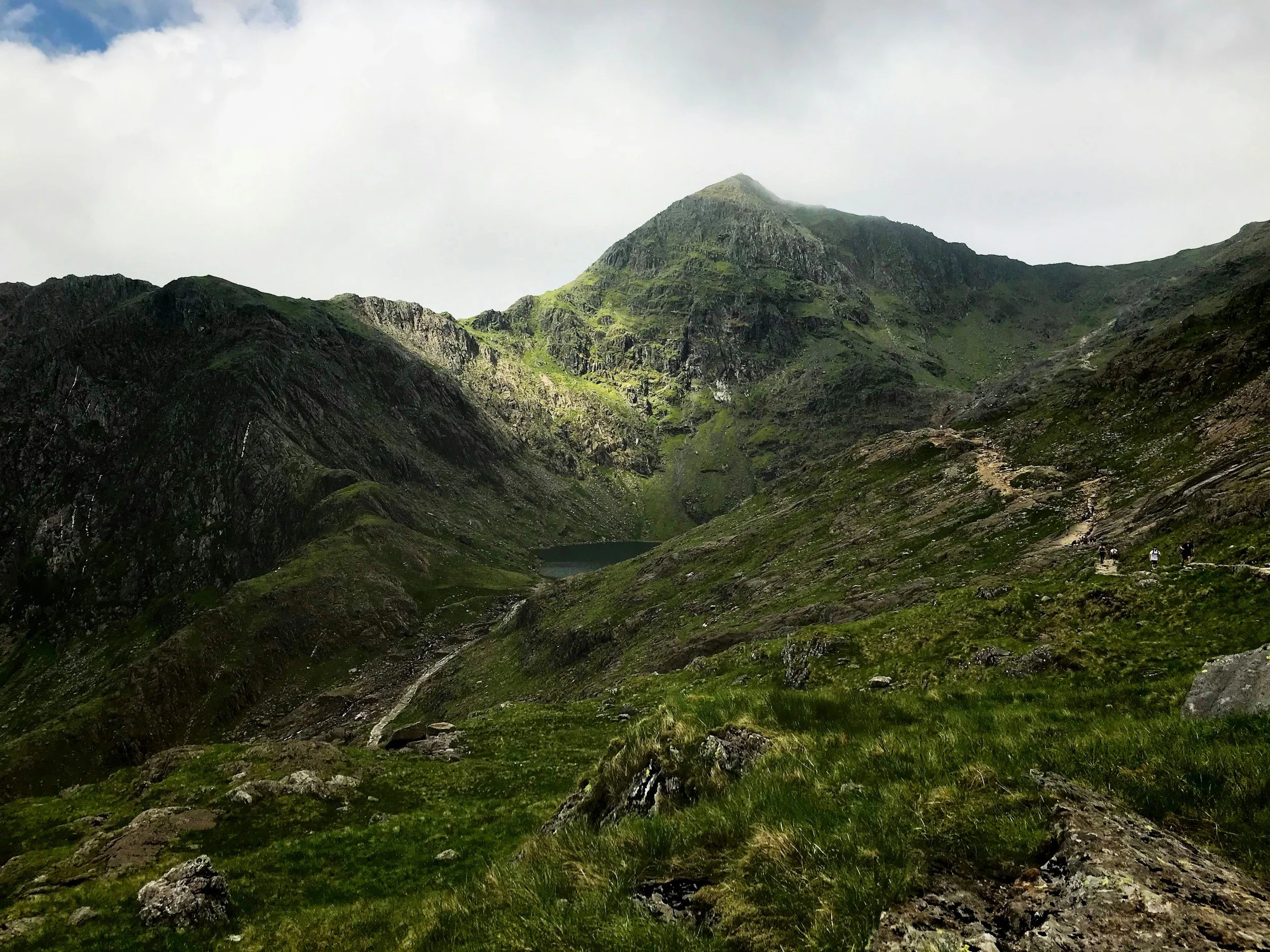 Lush green view across the mountains of the Llyn Peninsula, Gwynedd, Wales, with a little lake tucked in between the valleys