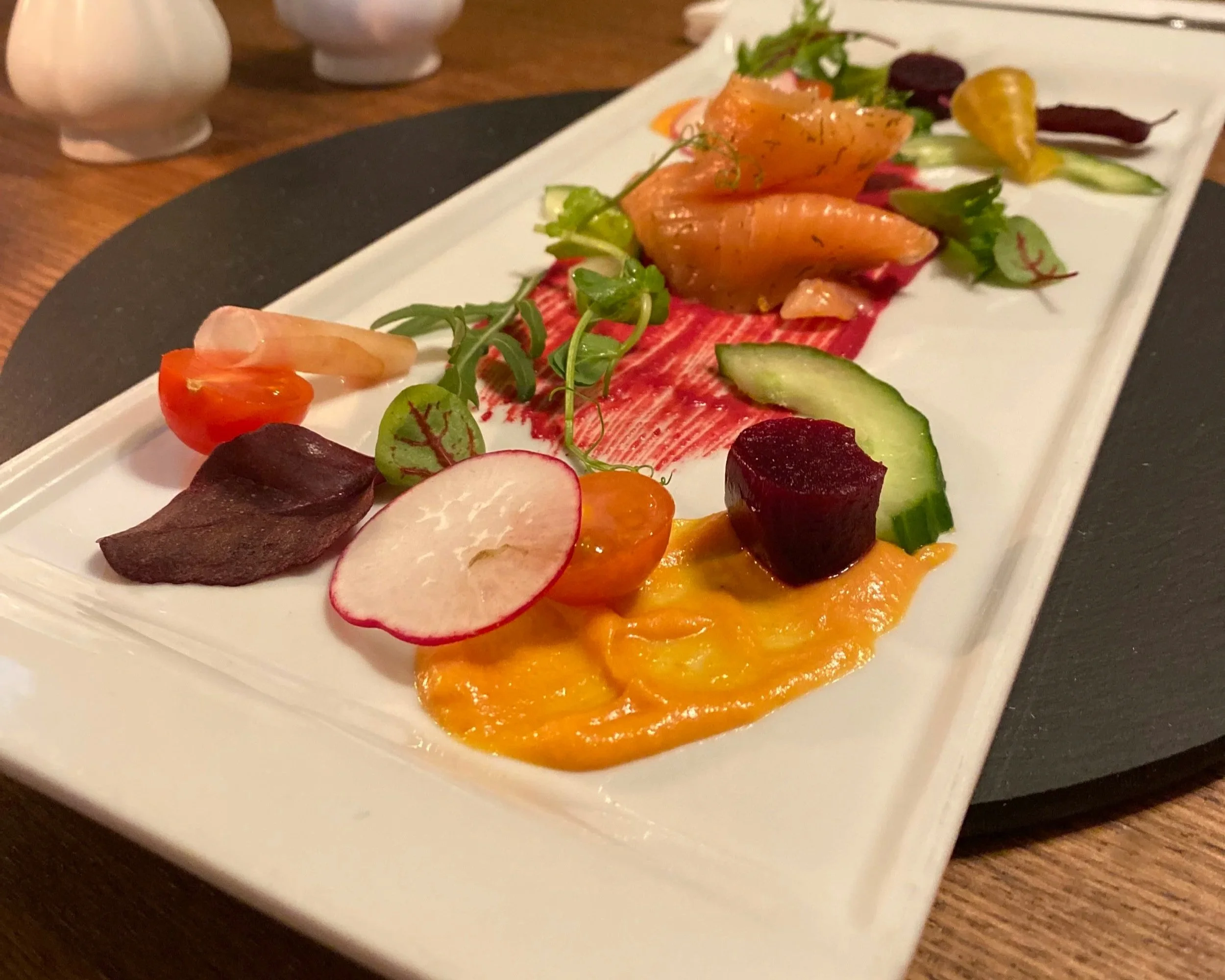 Photo of a salmon, cucumber and radish starter at Tremfan Hall Llanbedrog