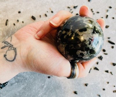 Mystic merlinite indigo gabbro crystal stone sphere.jpeg