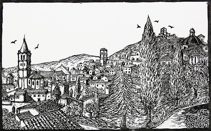 Vista su Assisi - case e cipressi 30x40