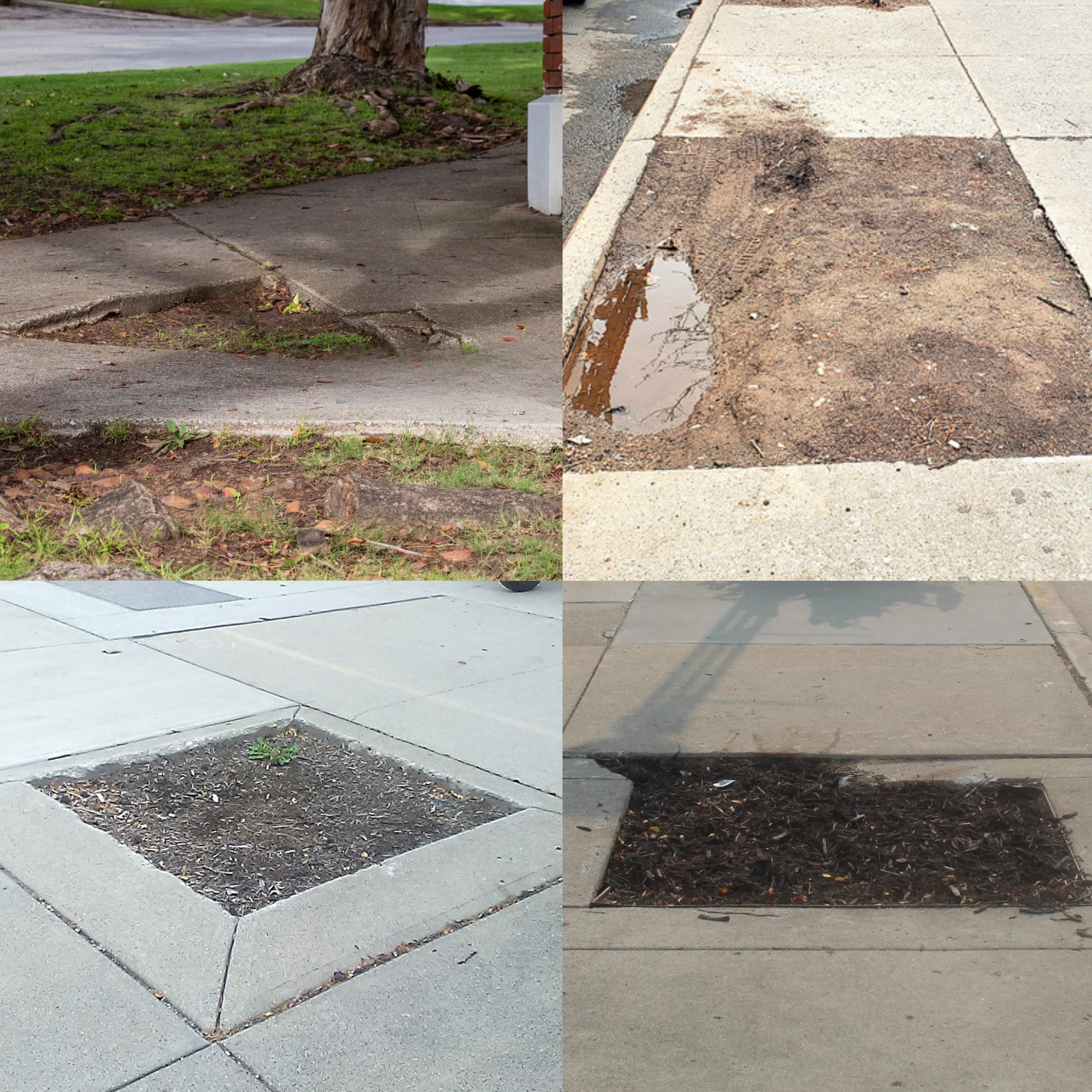 Before and after images of sidewalk repair, showing damaged concrete on the left and new, smooth sidewalk on the right.