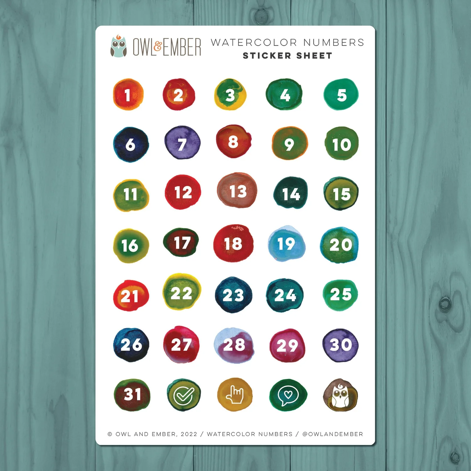 Watercolor Numbers - Sticker Sheet — Owl and Ember watercolor-numbers-sticker-sheet-owl-and-ember