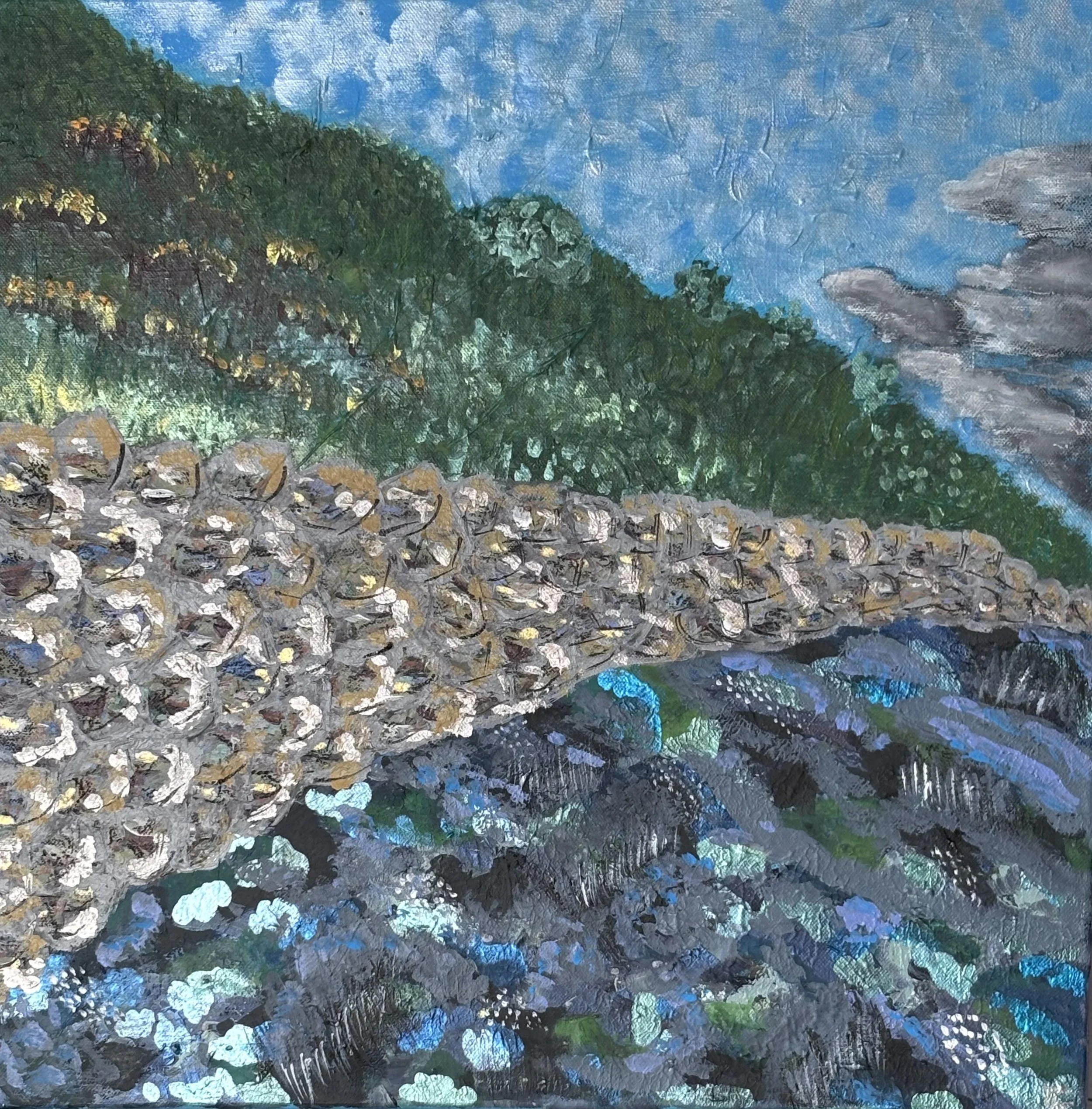Seaton Reimagined (2026) by CLT_Abstracts, mixed media painting on canvas of petrol coloured rockpools, sandstone boulders and lush green trees against a bright blue sky with shimmering clouds