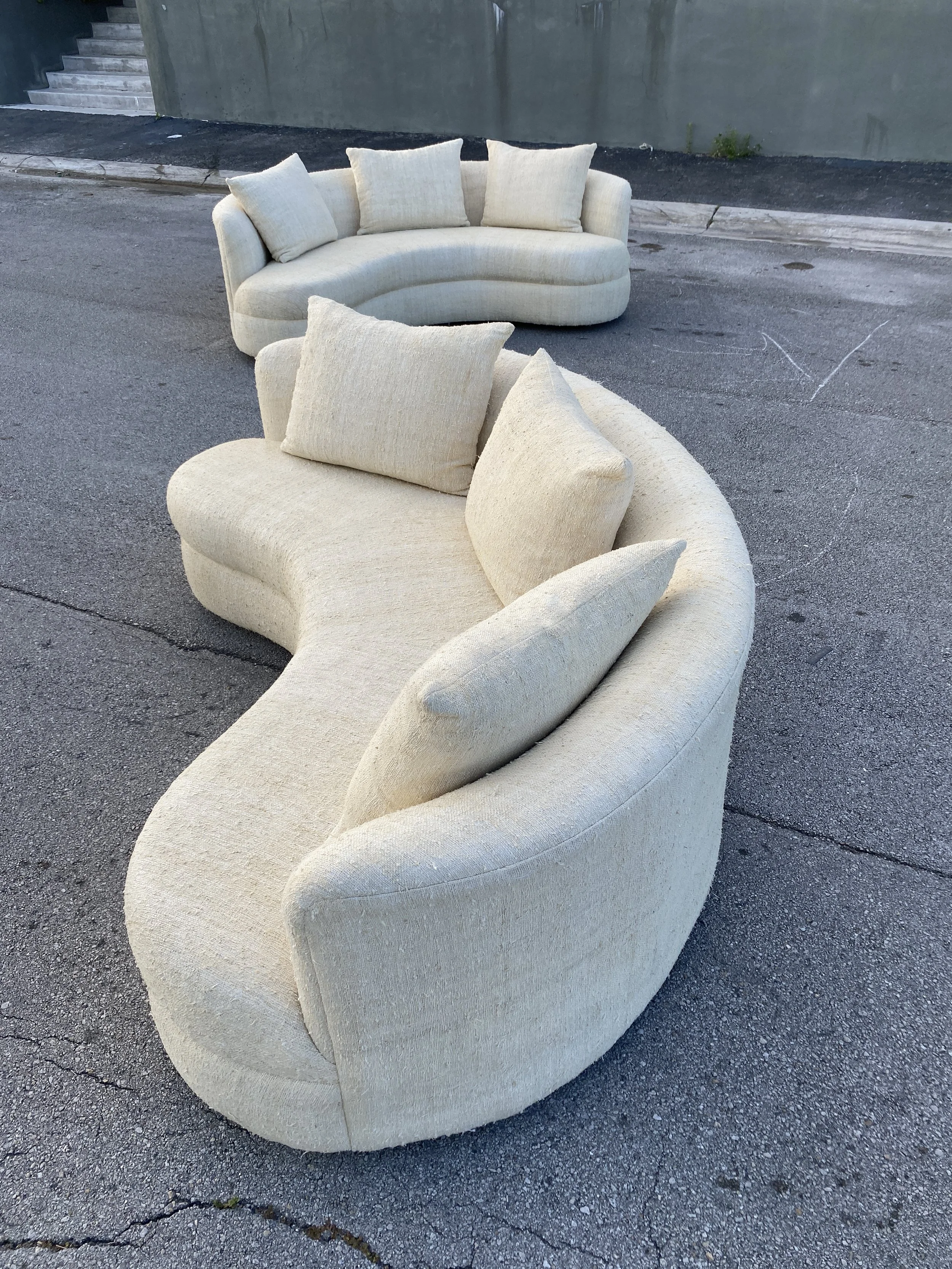 Post Modern curved cloud sofa pair in Haitian linen