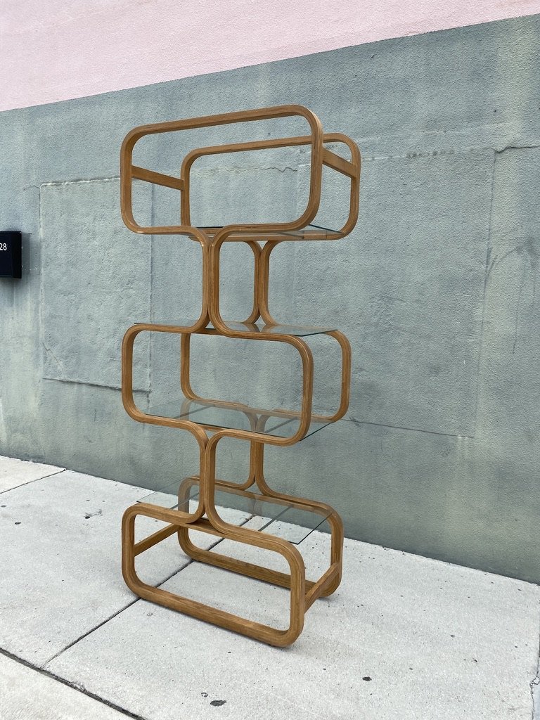 MID CENTURY BENTWOOD AND GLASS ETAGERE BY PLYCRAFT