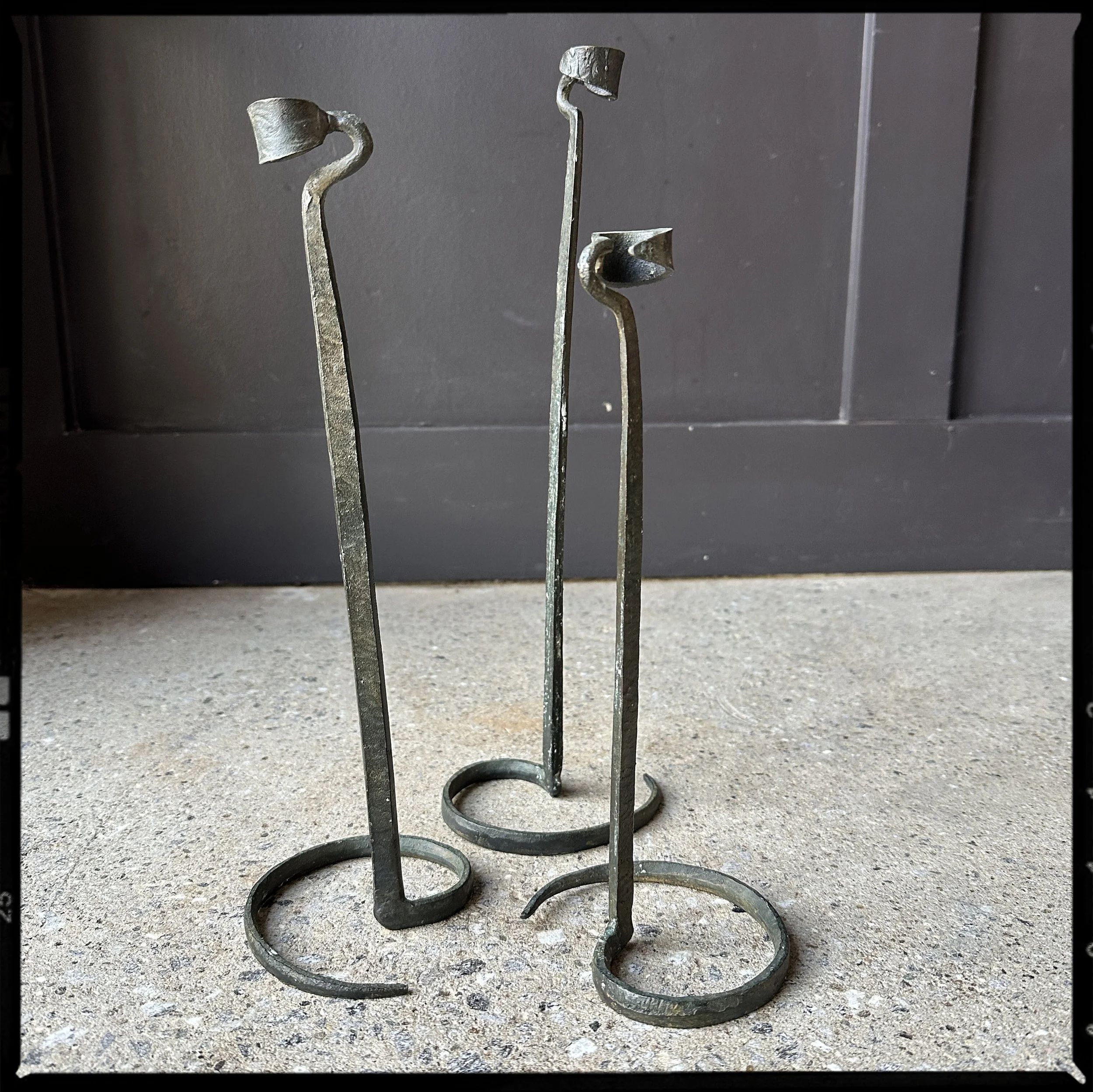 Brutalist hand forged wrought iron spiral candle stick holders - set of 3