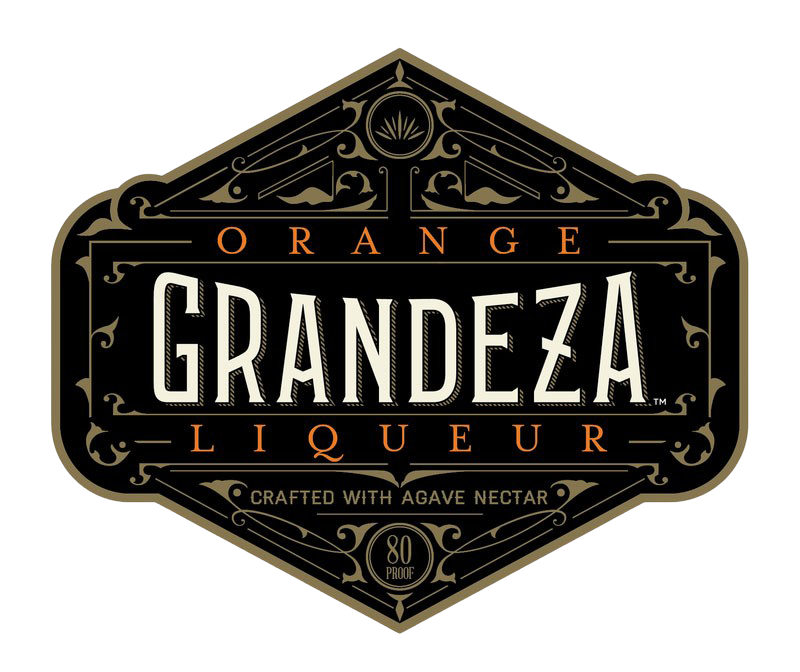 Label for Orange Grandeza Liqueur with ornate black and gold design, featuring text that reads 'Crafted with Agave Nectar,' '80 Proof,' and the brand name in large white letters.