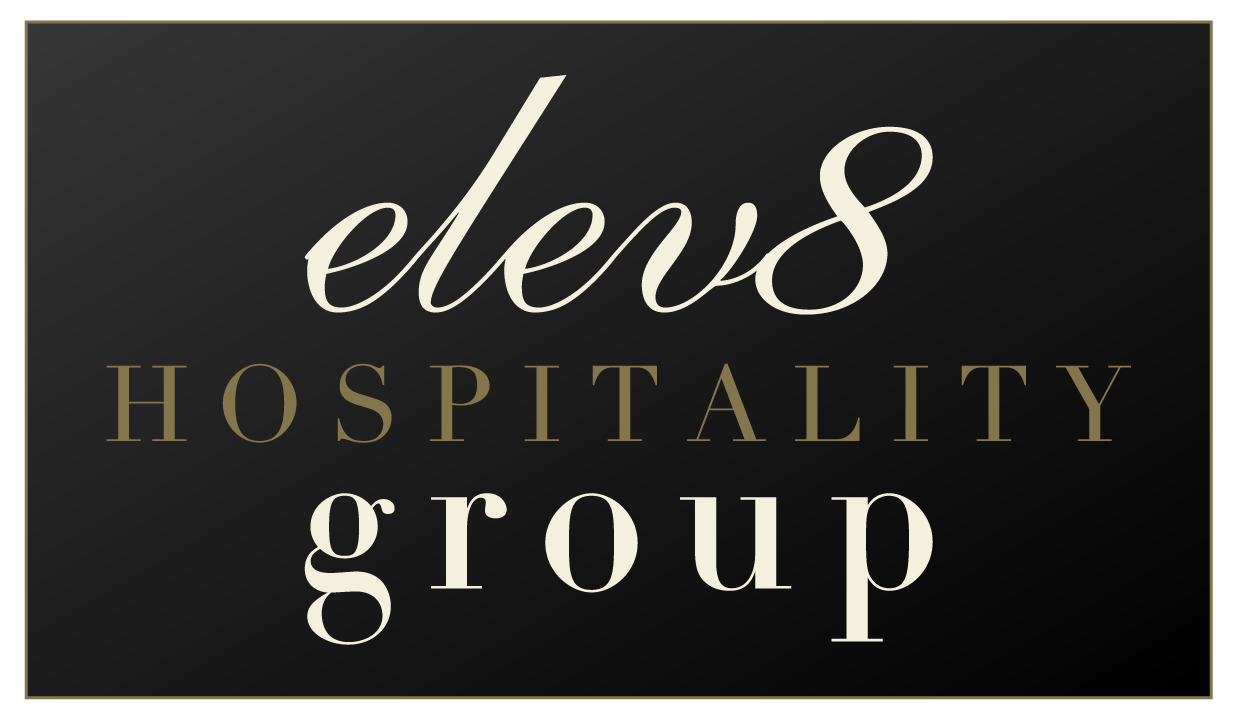 Logo for Elev8 Hospitality Group with black background, gold border, and gold and white text.