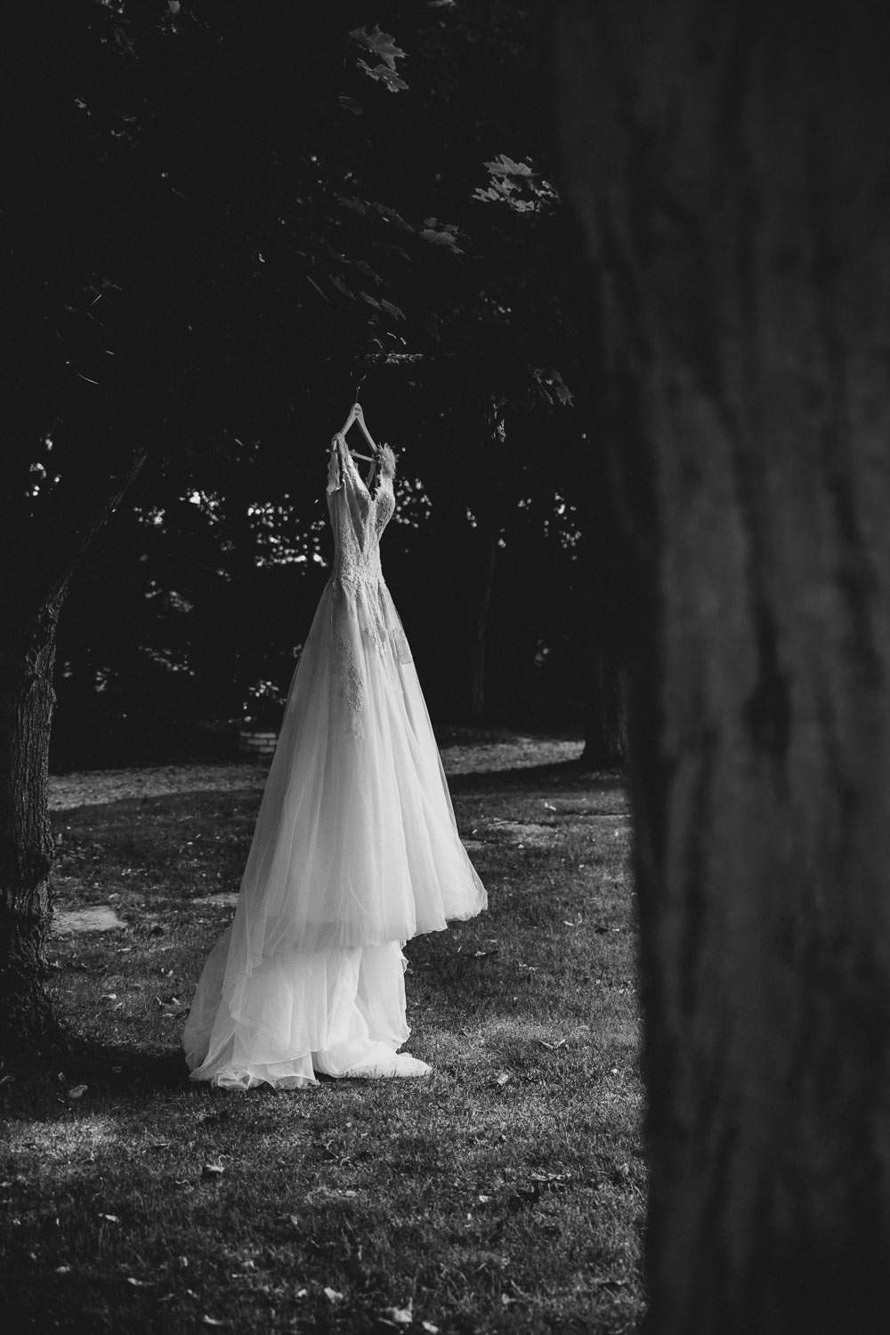 Minstrel Court Wedding dress hanging from tree in front of lake