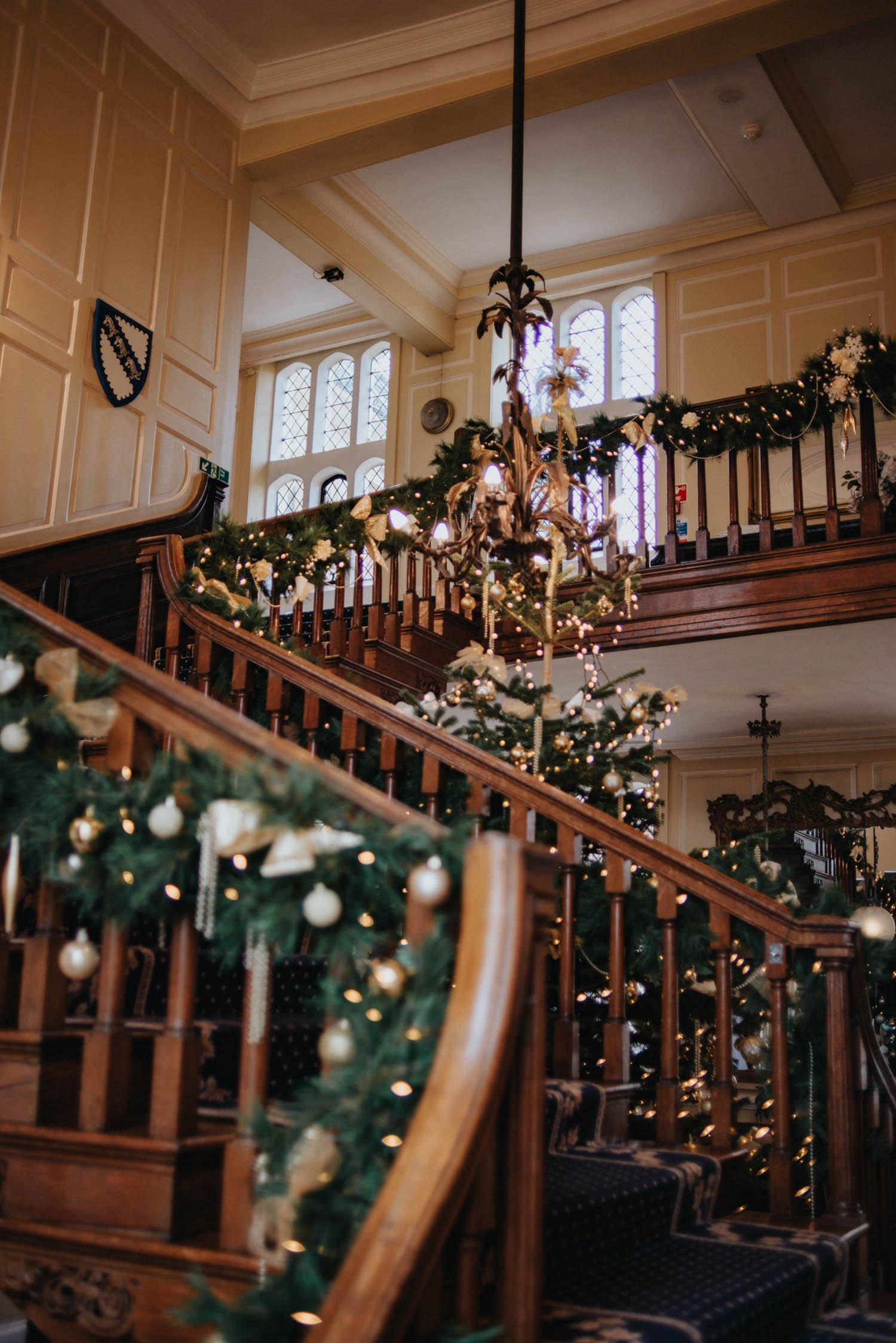 Christmas wedding staircase at Gosfield Hall