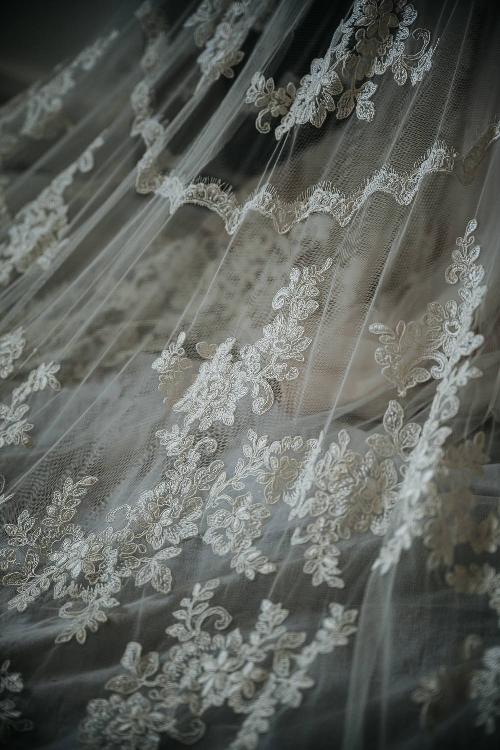 close up of wedding train floral detailing