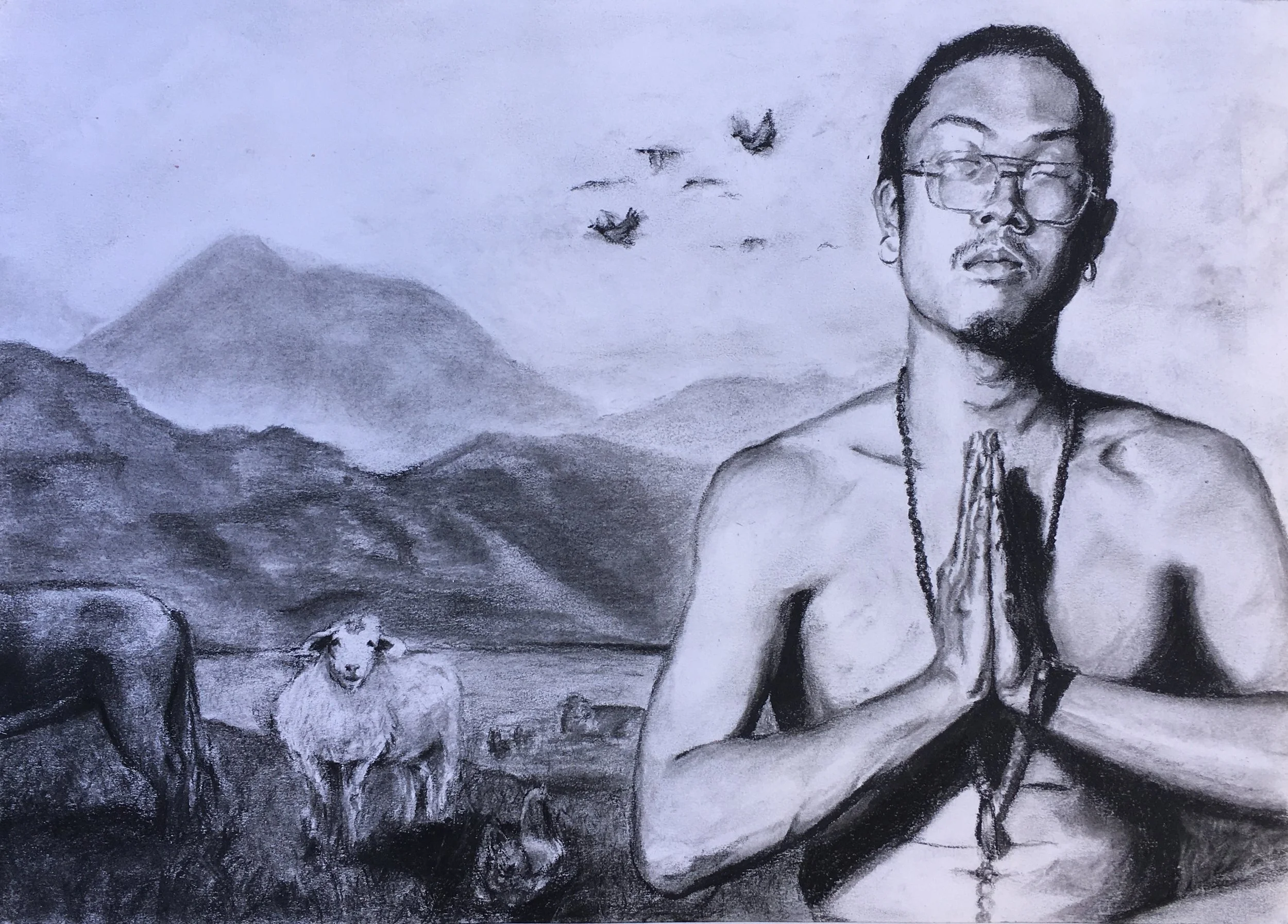 Charcoal portrait of Evan. Exploring the duality of individual and environment. 