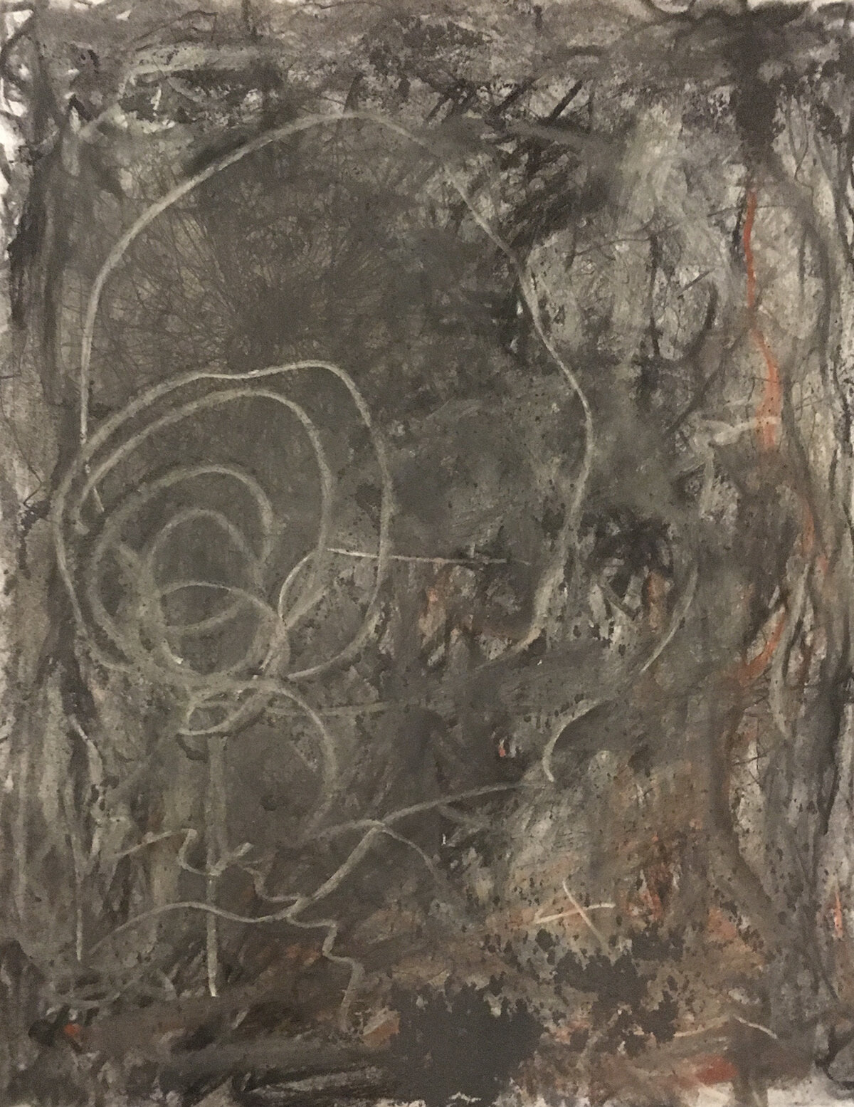 Abstract drawing inspired by the music of Bordems. Charcoal, pen, and chalk pastel on paper. 