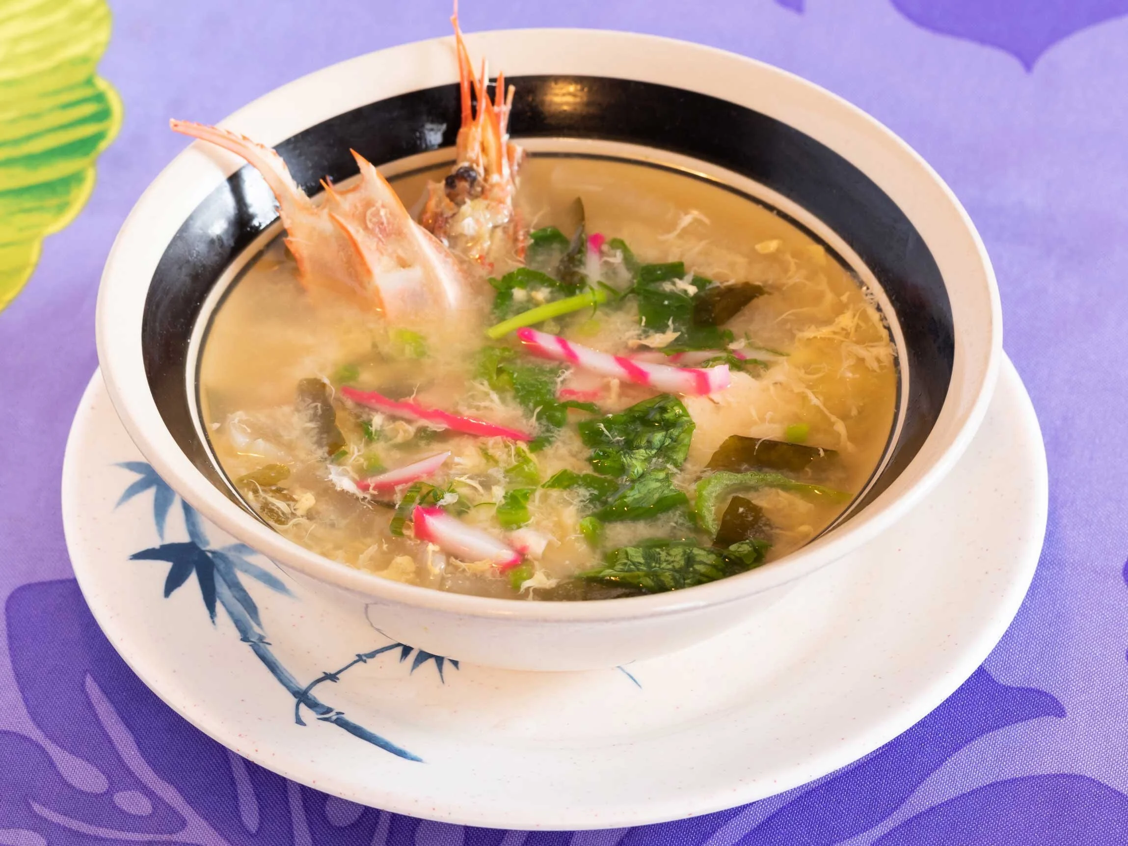 Okinawan Miso Soup - Chinese cabbage, shrimp and fish broth, daikon, wakame seaweed, eggs, rice