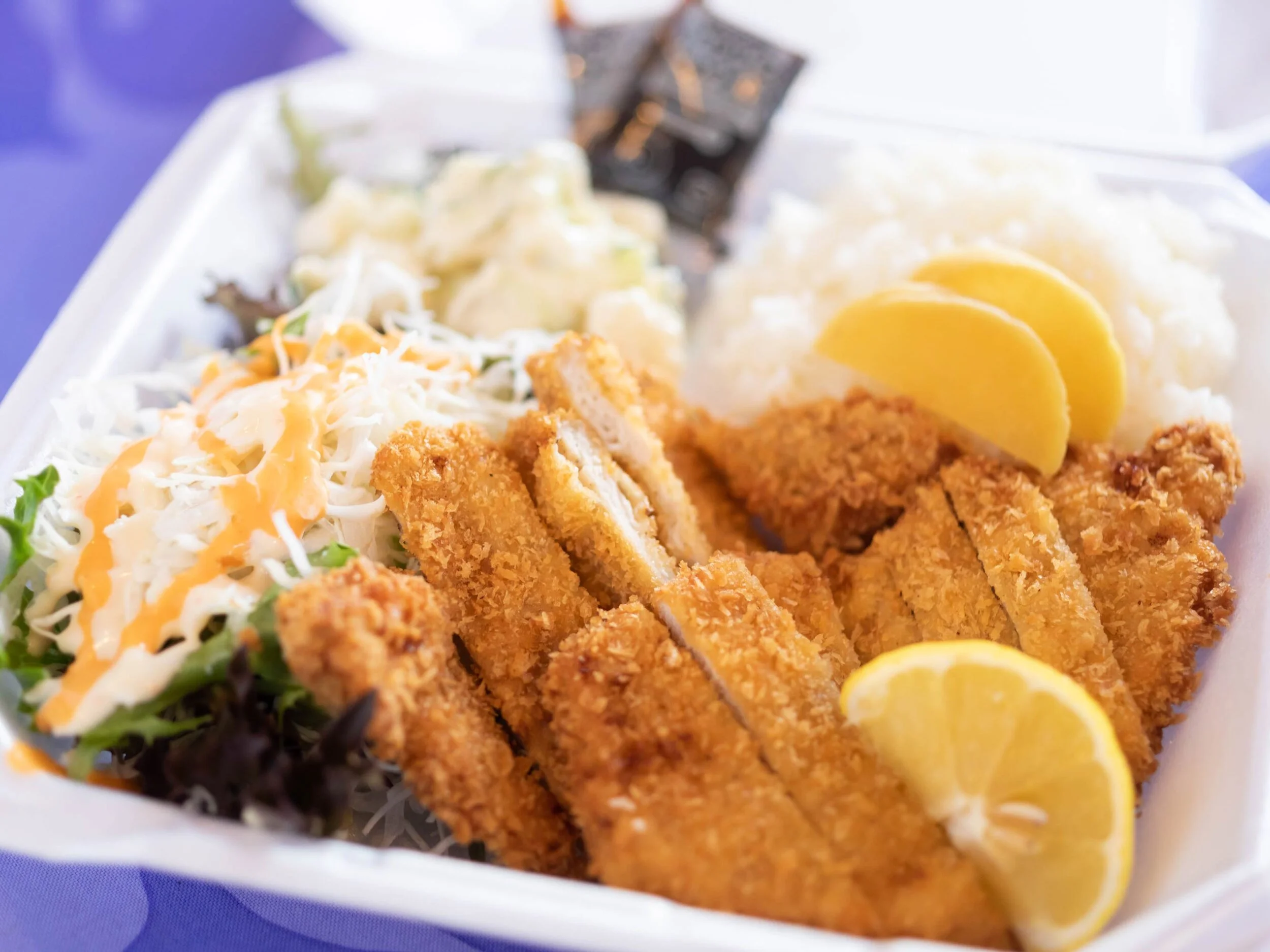 Pork Cutlet Plate - pork cutlet, rice, salad, potato salad, takuwan
