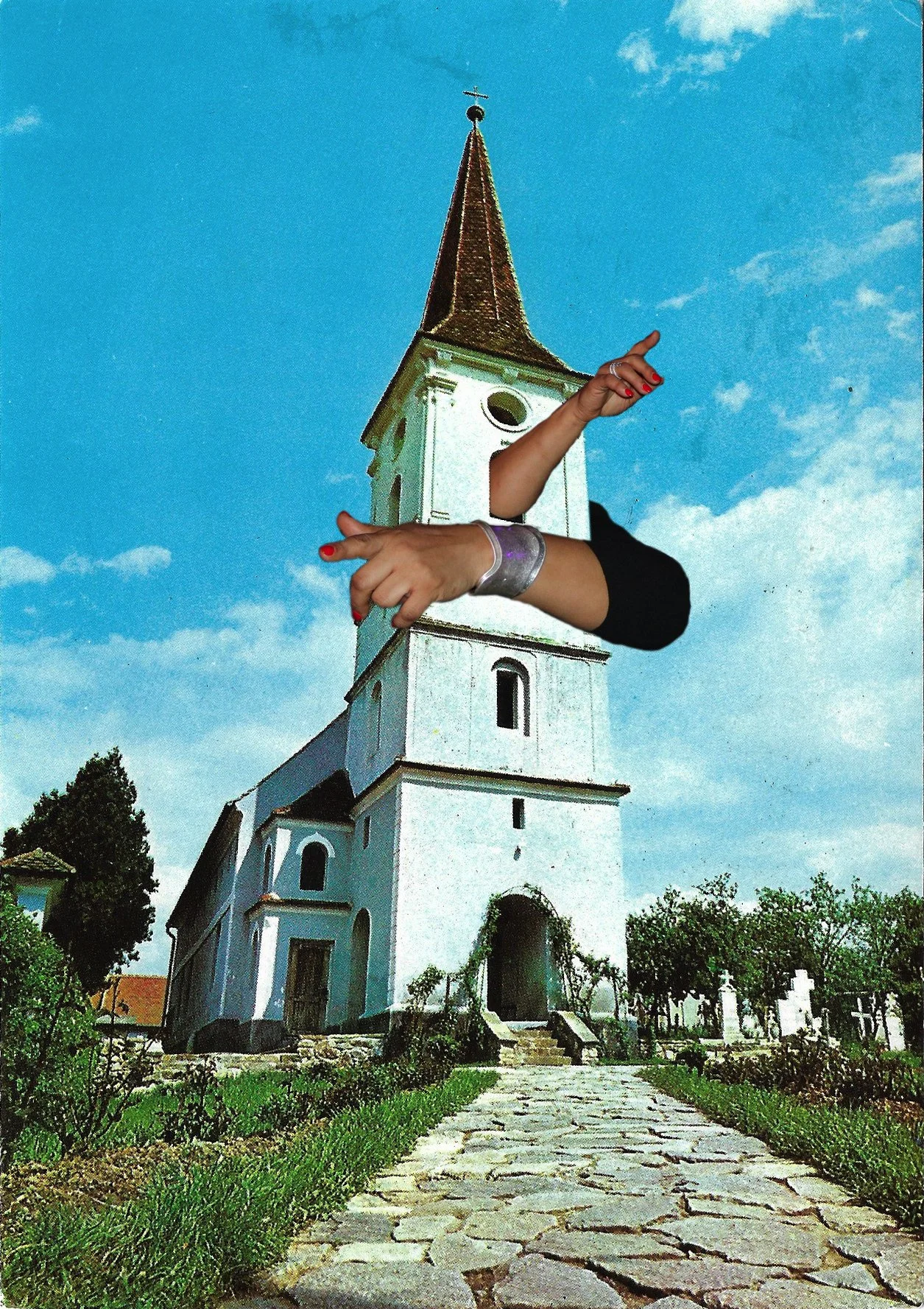 Untitled, 2024, Photo Collage

Image Description: Surreal image of a church with a giant pair of hands emerging from the tower against a blue sky.