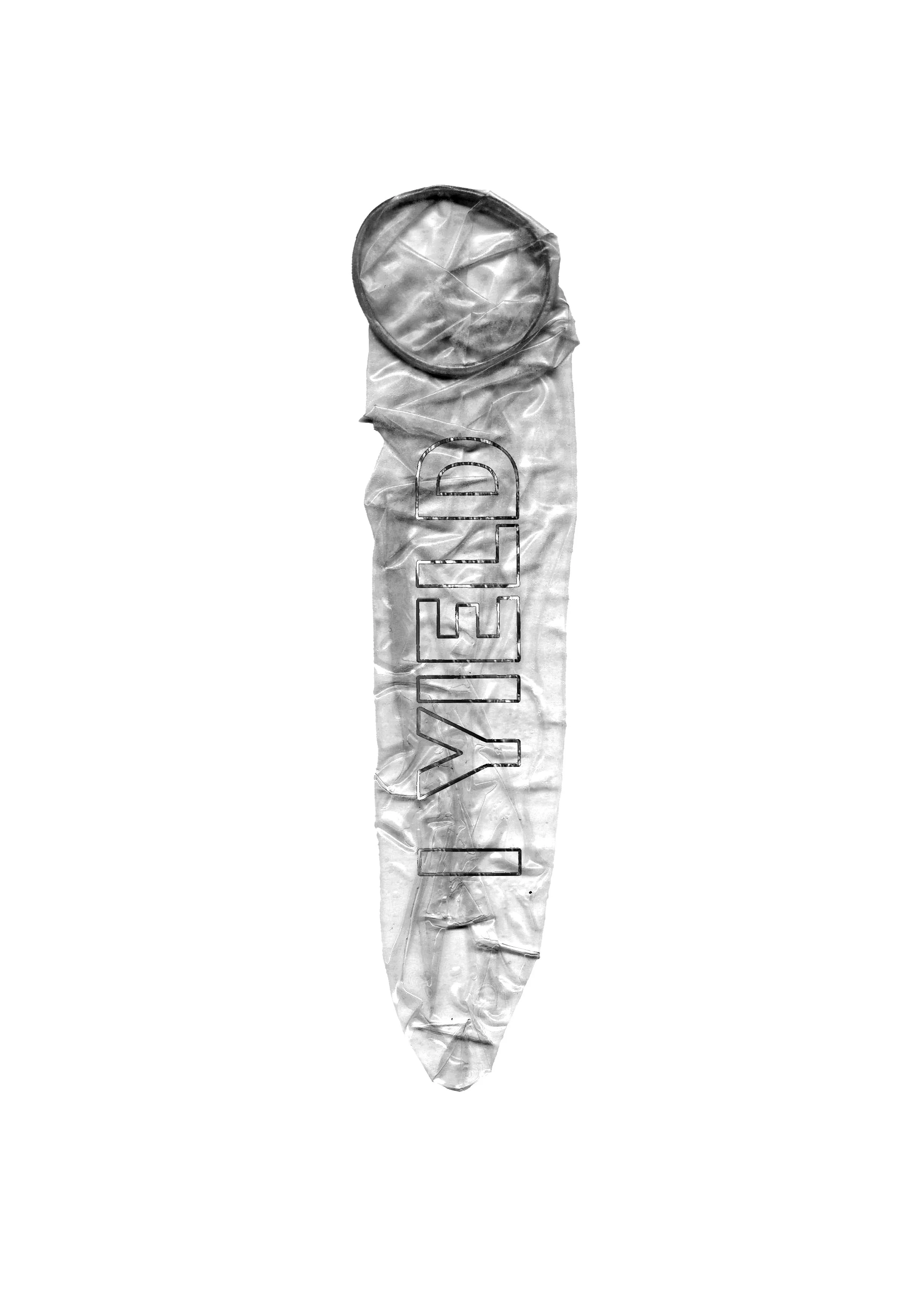 Untitled, 2024, Photogram

Image Description: A (used?) condom with the word 'I YIELD' written on it, against a white background.