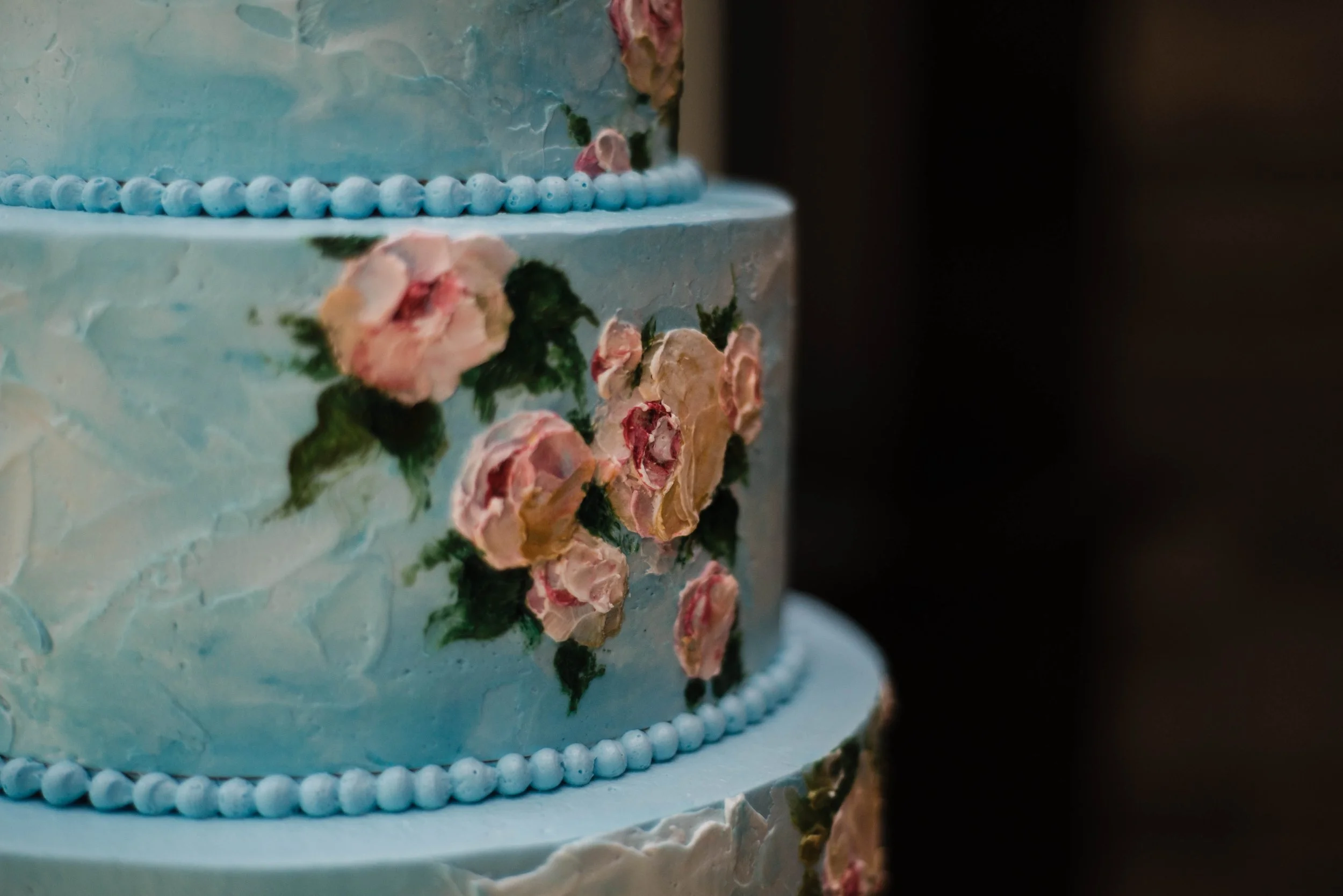 Beautiful cake with watercolor style flowers, Monet like, for a wedding at The Hyeholde