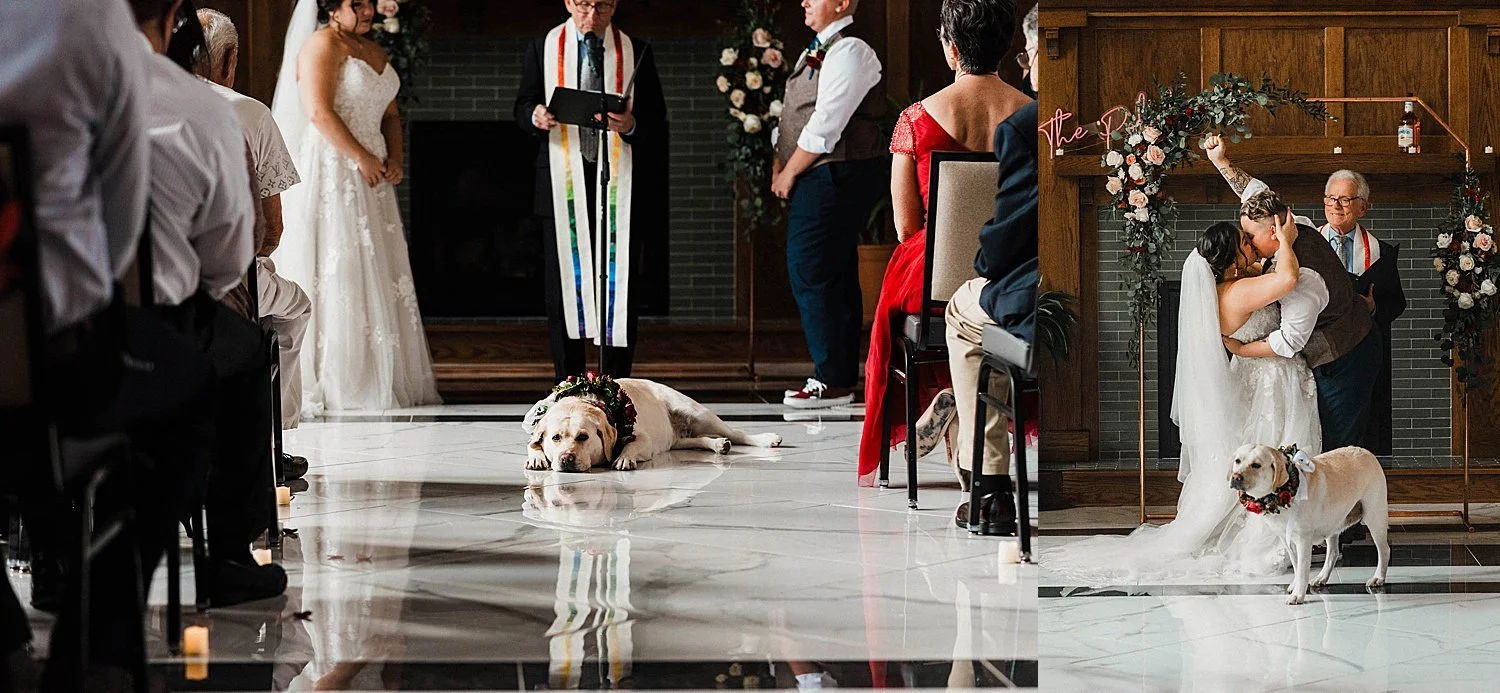 on the left, the ring-bearer dog is laying down flat in the aisle, her reflection can be seen in the hotel morgan's marble flor. on the right, the bride and groom kiss, as he pumps his fist in the air.