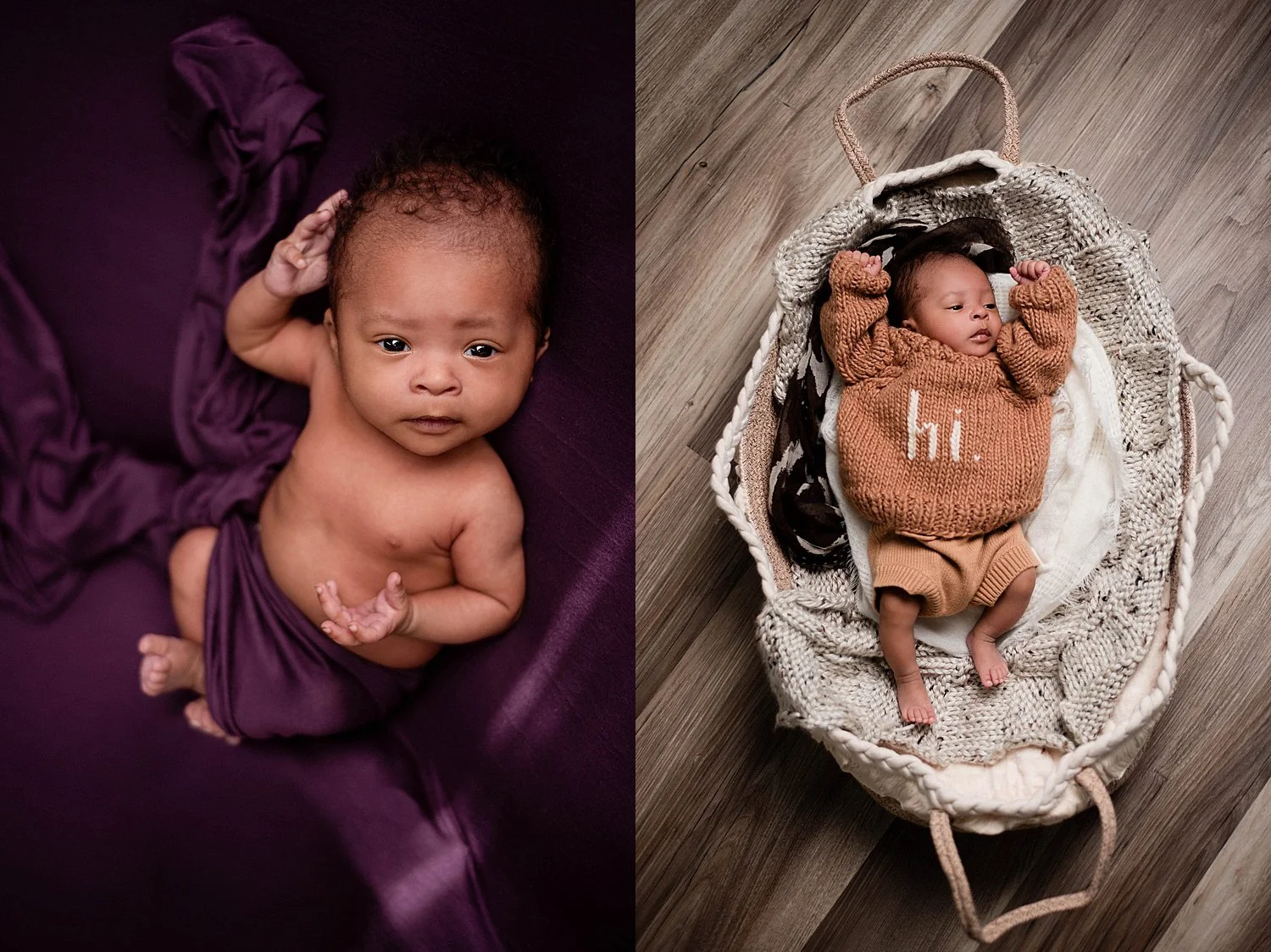 two photos. left, dramatic portrait of a newborn baby, eyes open, swaddled in deep purple fabric. right, a more relaxed lifestyle photo of the same newborn, she is wearing a knit sweater and shorts and is stretched out in a moses basket with beige