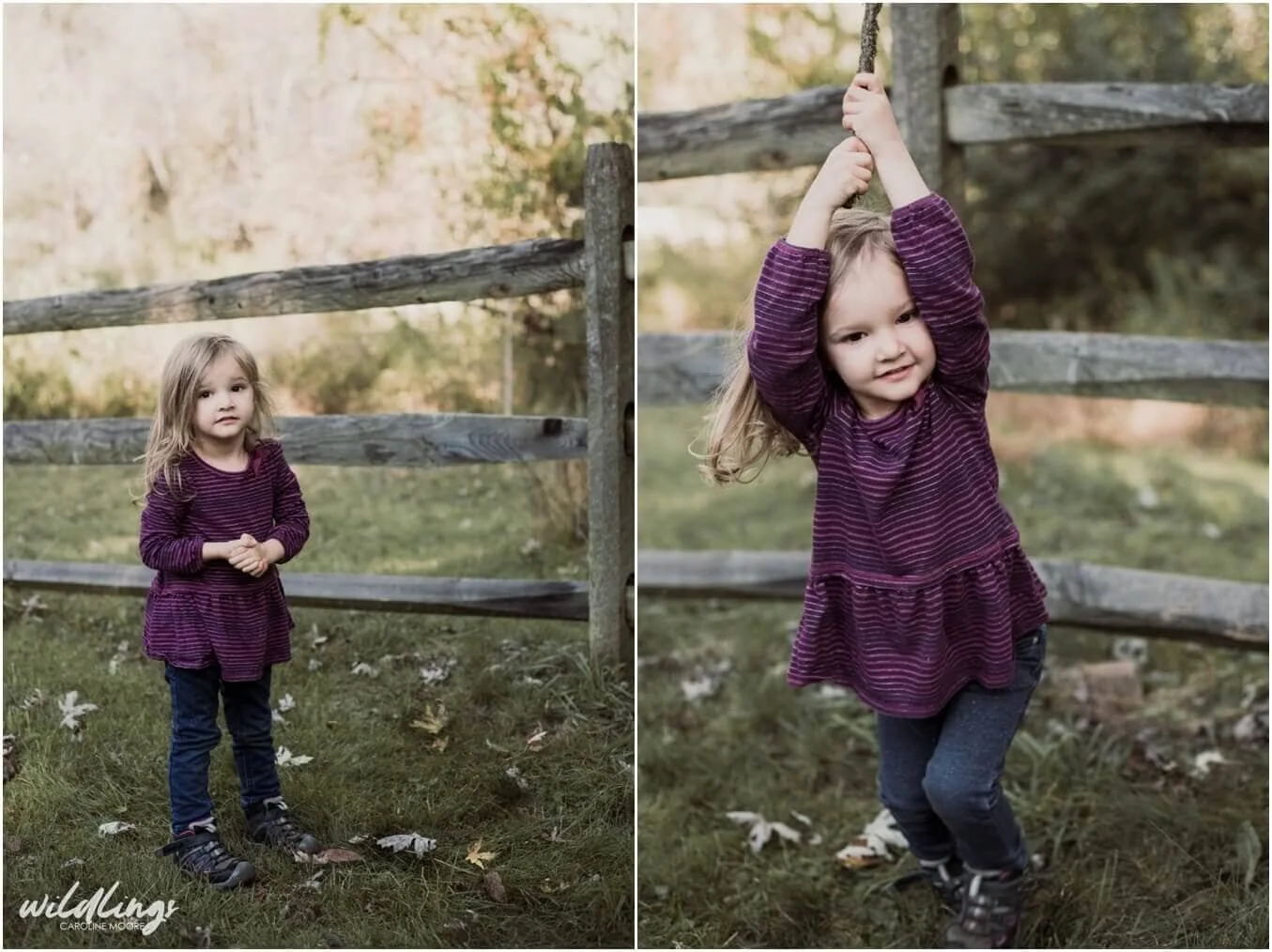 A toddler stands in front of a split post fence at Beechwood Nature Reserve