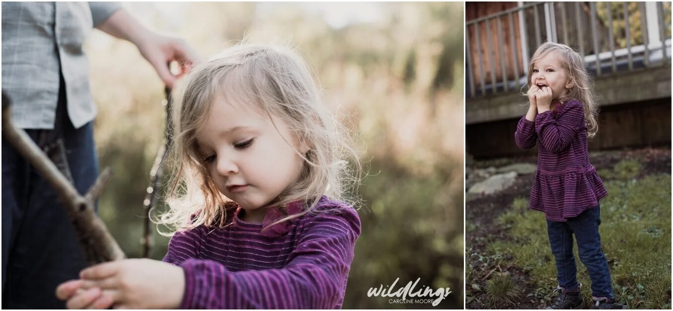 A toddler holds her hands to her mouth, squealing with joy because she saw a squirrel