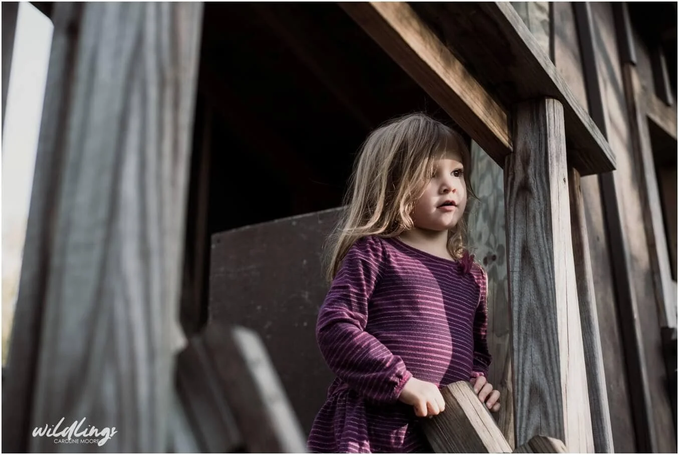 a small girl looks out over a playground structure made of wood at her wildlings portrait session at Beechwood Nature Reserve in Pittsburgh