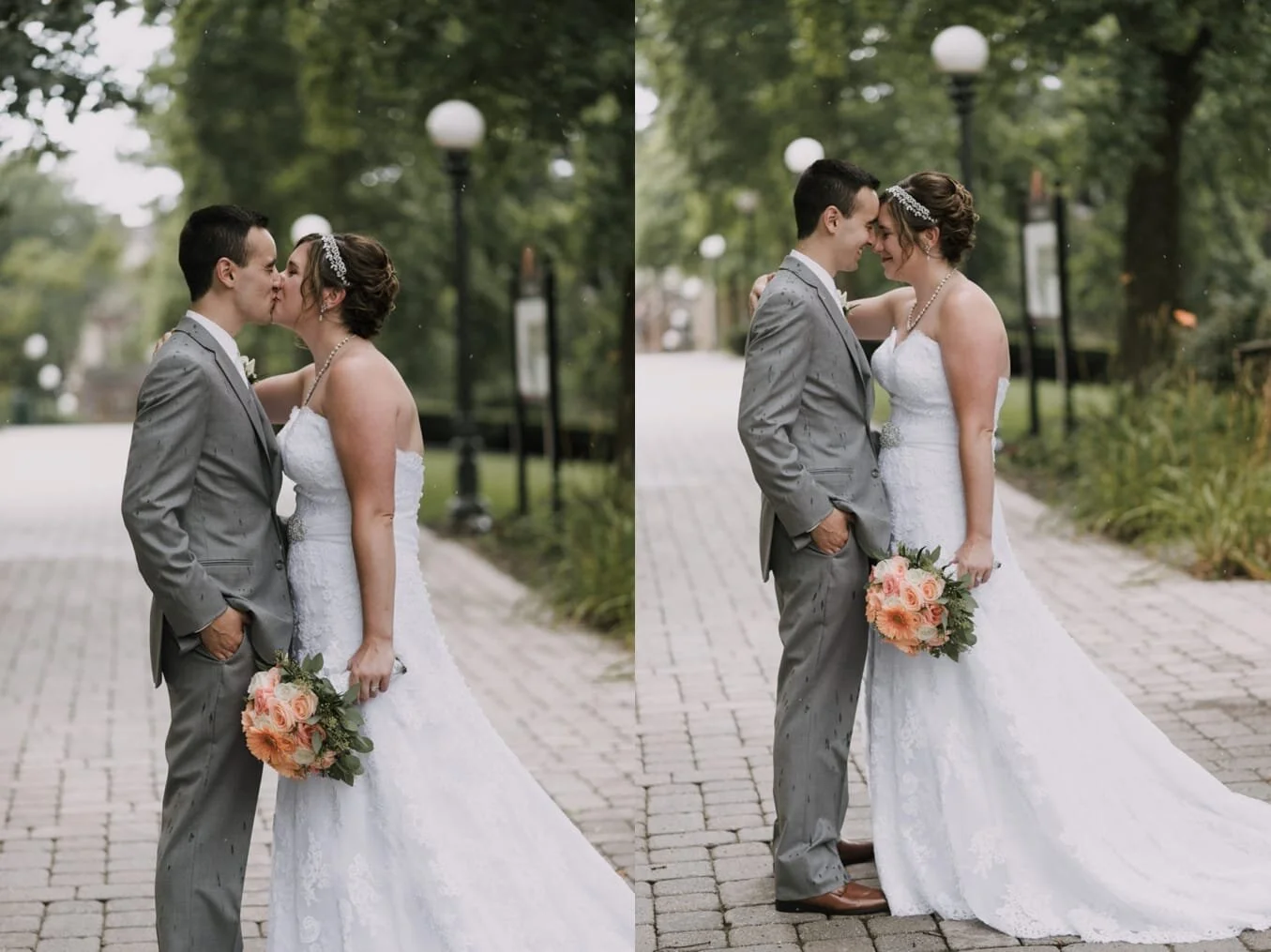 A bride and groom stand in the rain, the groom is wearing a gray suit and the bride a strapless dress