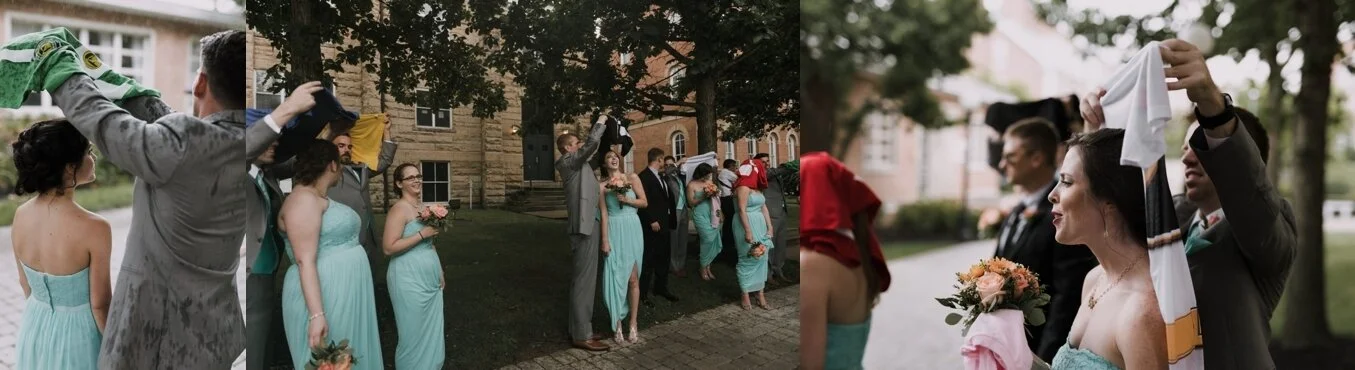 the wedding party is using their power rangers t-shirts as makeshift umbrellas for the bridesmaids out in the rain