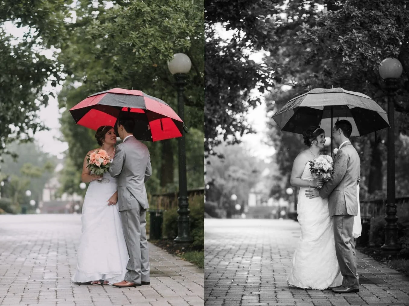 bride and groom standing in the rain beneath a large umbrella