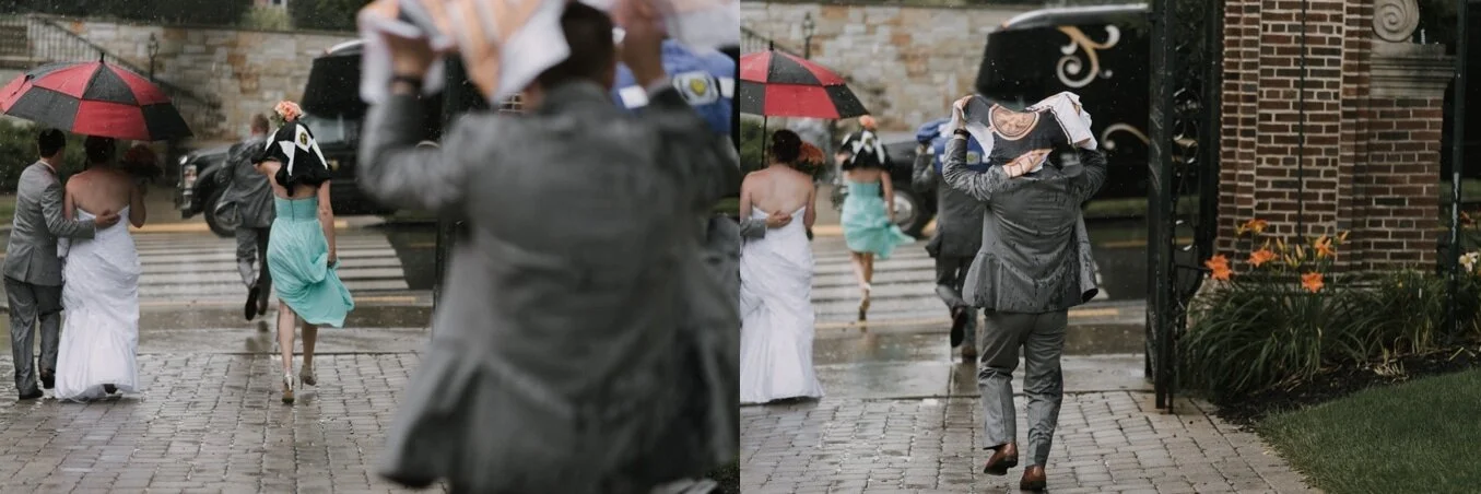 wedding party uses tshirts as makeshift umbrellas