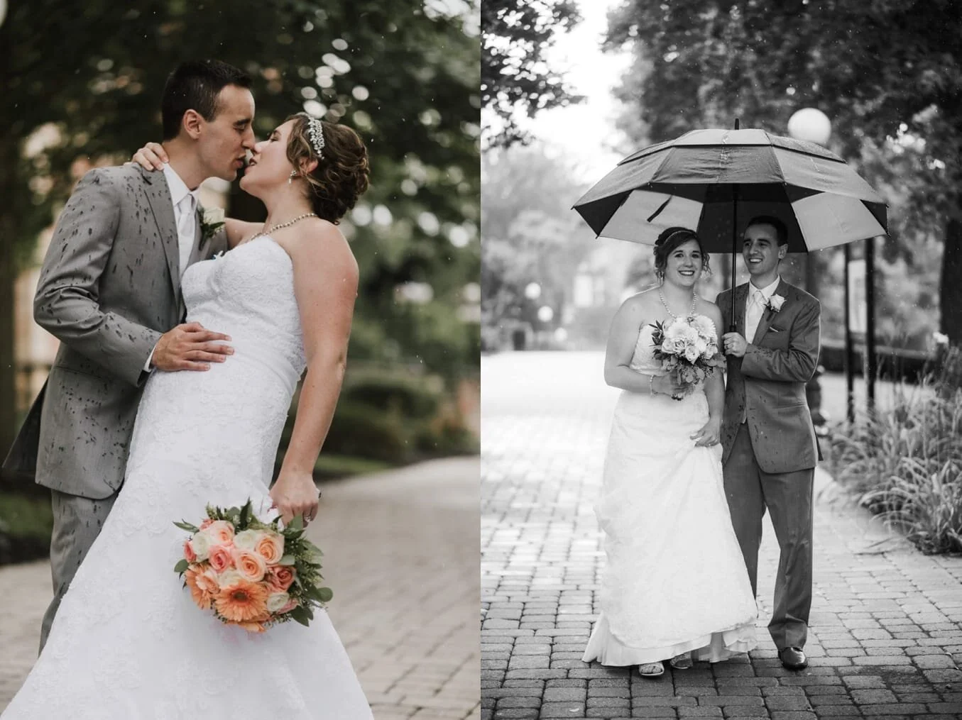 A groom dips his bride and is almost kissing her in the rain on their wedding day in pittsburgh