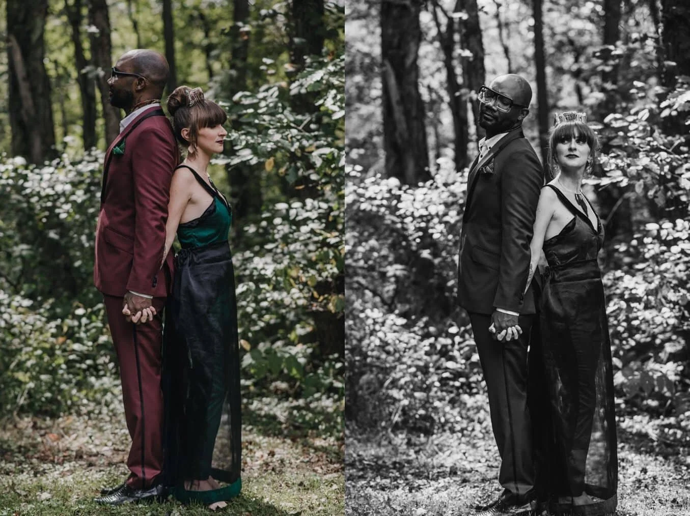 a black man wears statement glasses and a burgundy suit with snakeskin black boots, a white woman stands at his back in a green and black custom jumpsuit, they are holding hands and eloping in raccoon creek state park