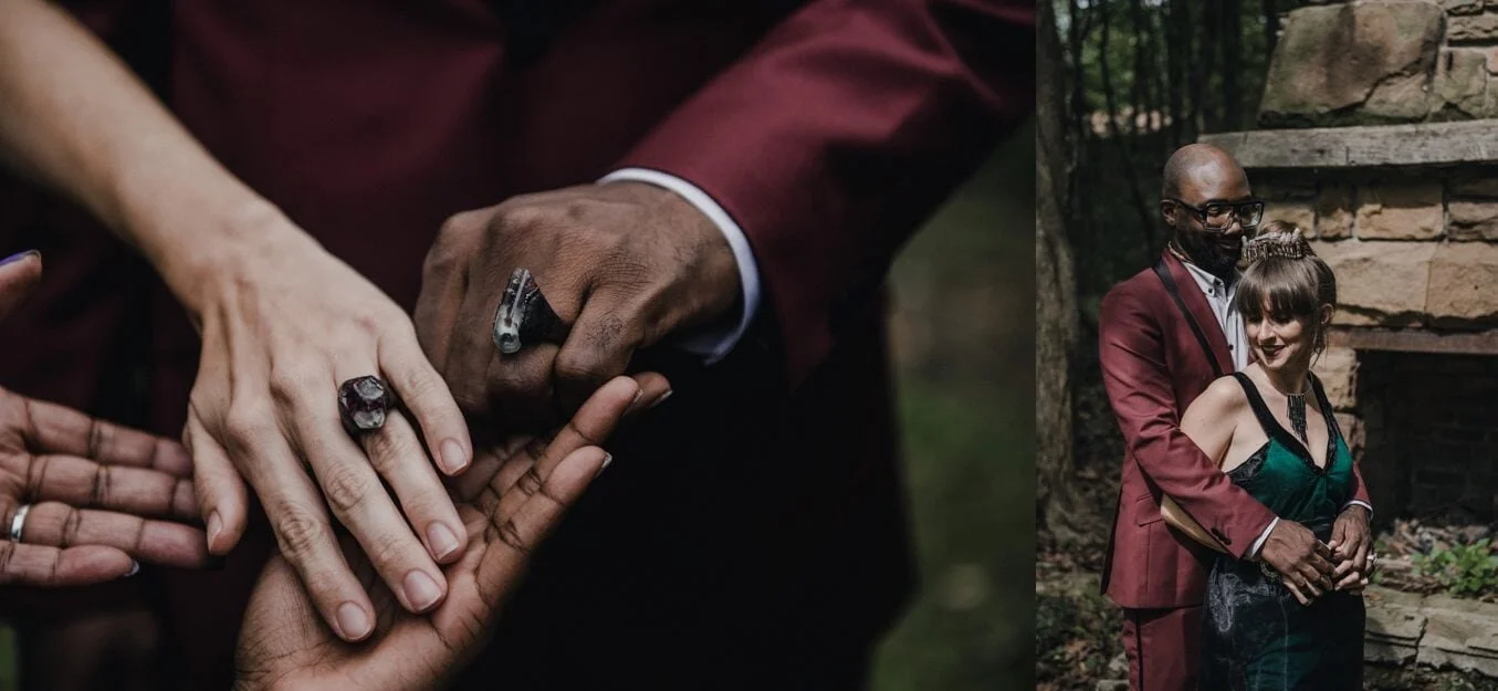 A couple eloping shows off their custom wedding rings