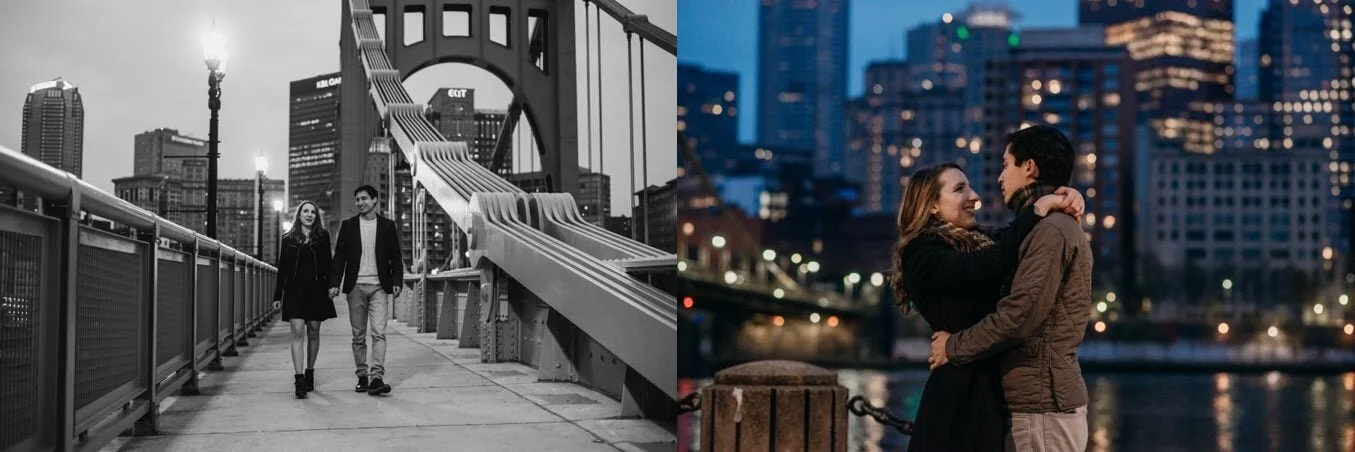 Couple stands in front of a city skyline at night, for their engagement session portraits in pittsburgh