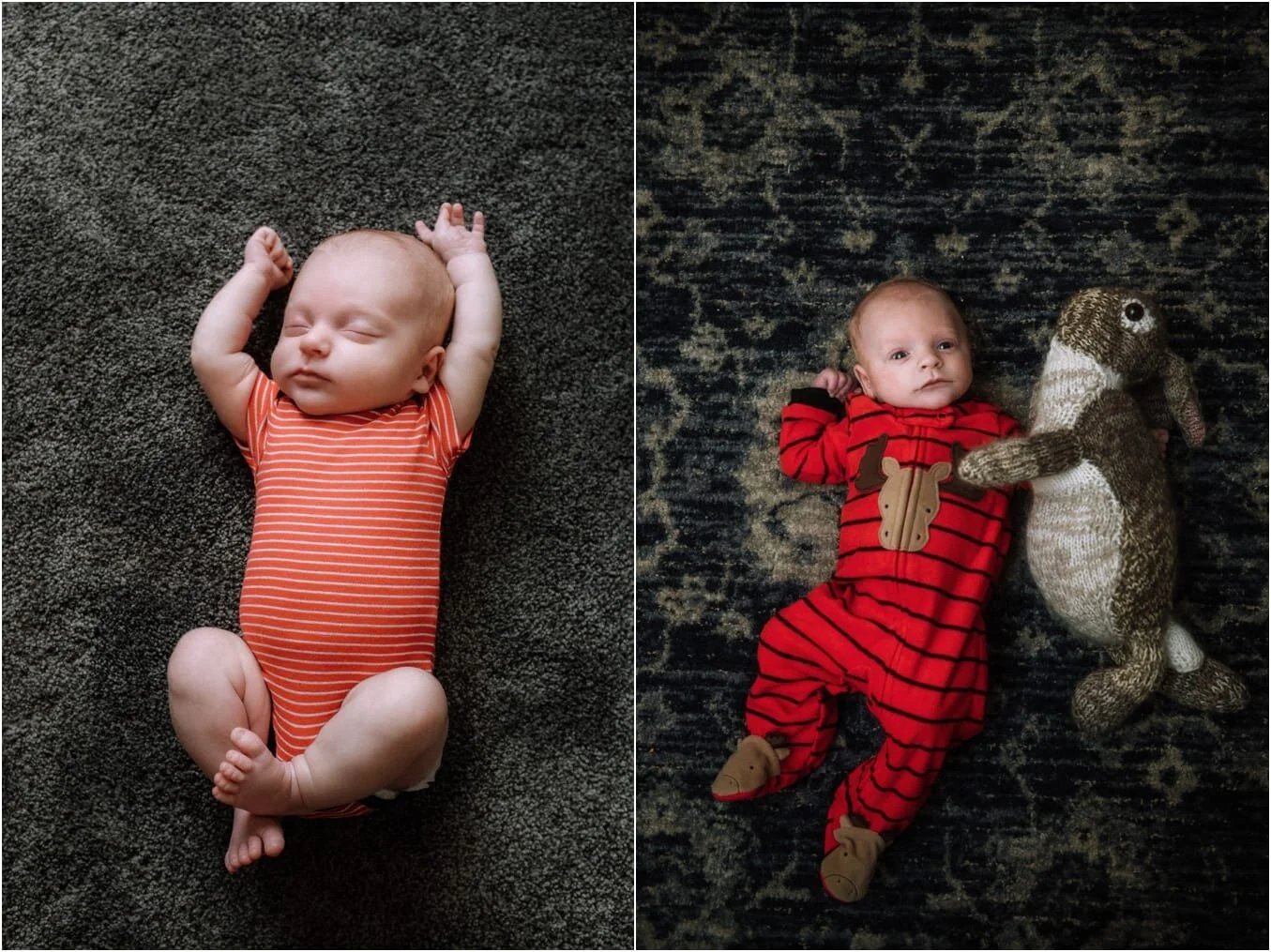 two images of a 4 week old baby, one is stretched out and the other is wearing moose jammies with a knit rabbit next to him