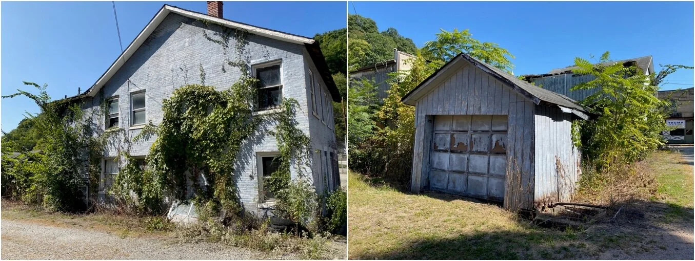 a worn down blue brick house covered in vines and an equally worn down garage to match