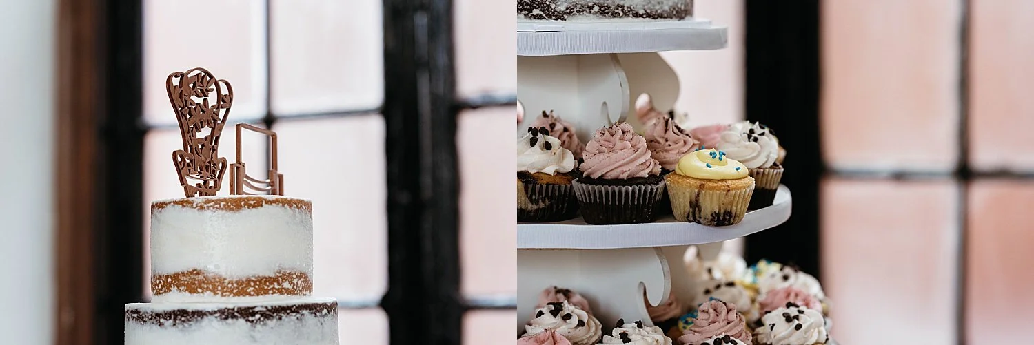 a wedding cake with naked style icing, on top are two chairs styled to look like Ellie and Carl's from Up. Right, cupcakes by Cupcakerie.