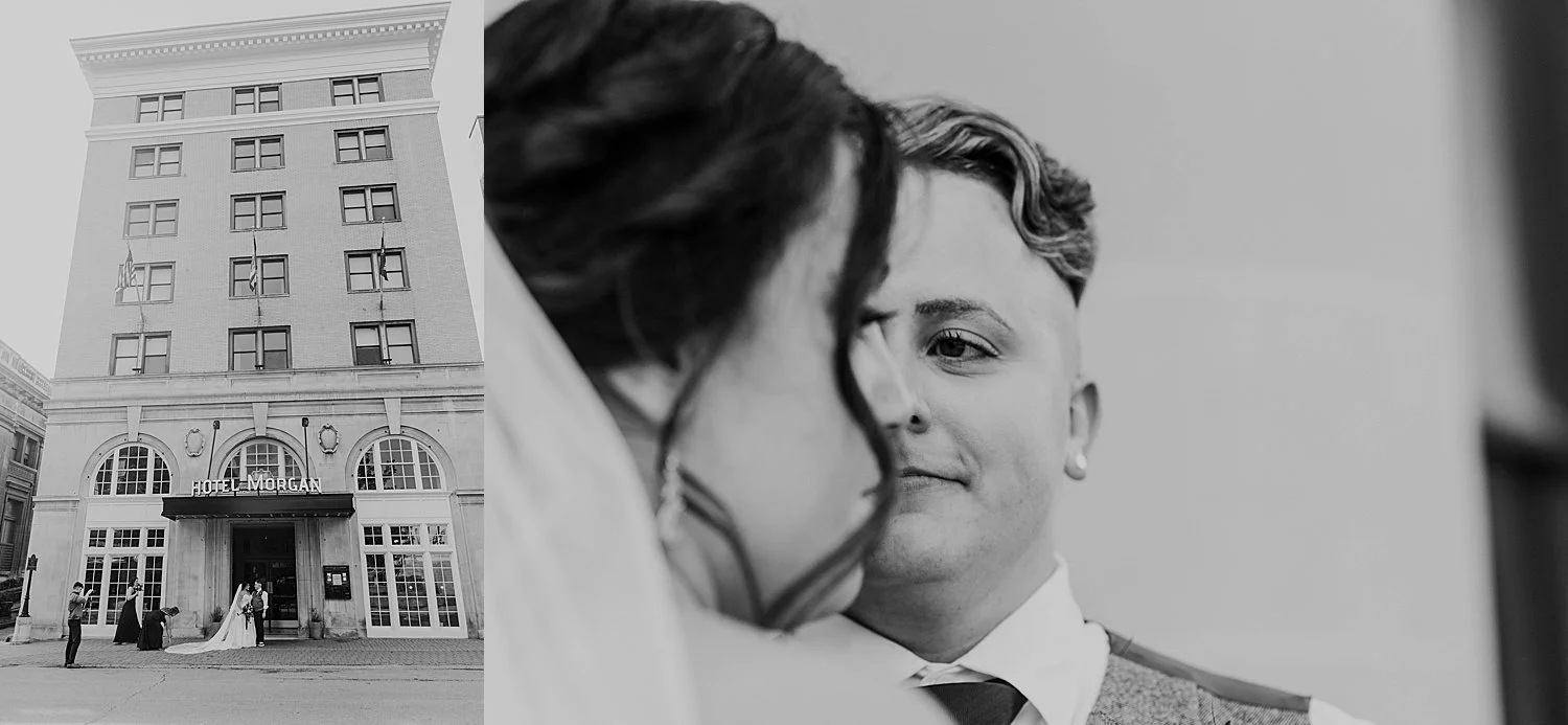 left, black and white photo of the bride and groom ouside the hotel morgan, the shot shows the entire height of the hotel. right, close up of groom's face, left half of which is blocked by a close up of the bride's face