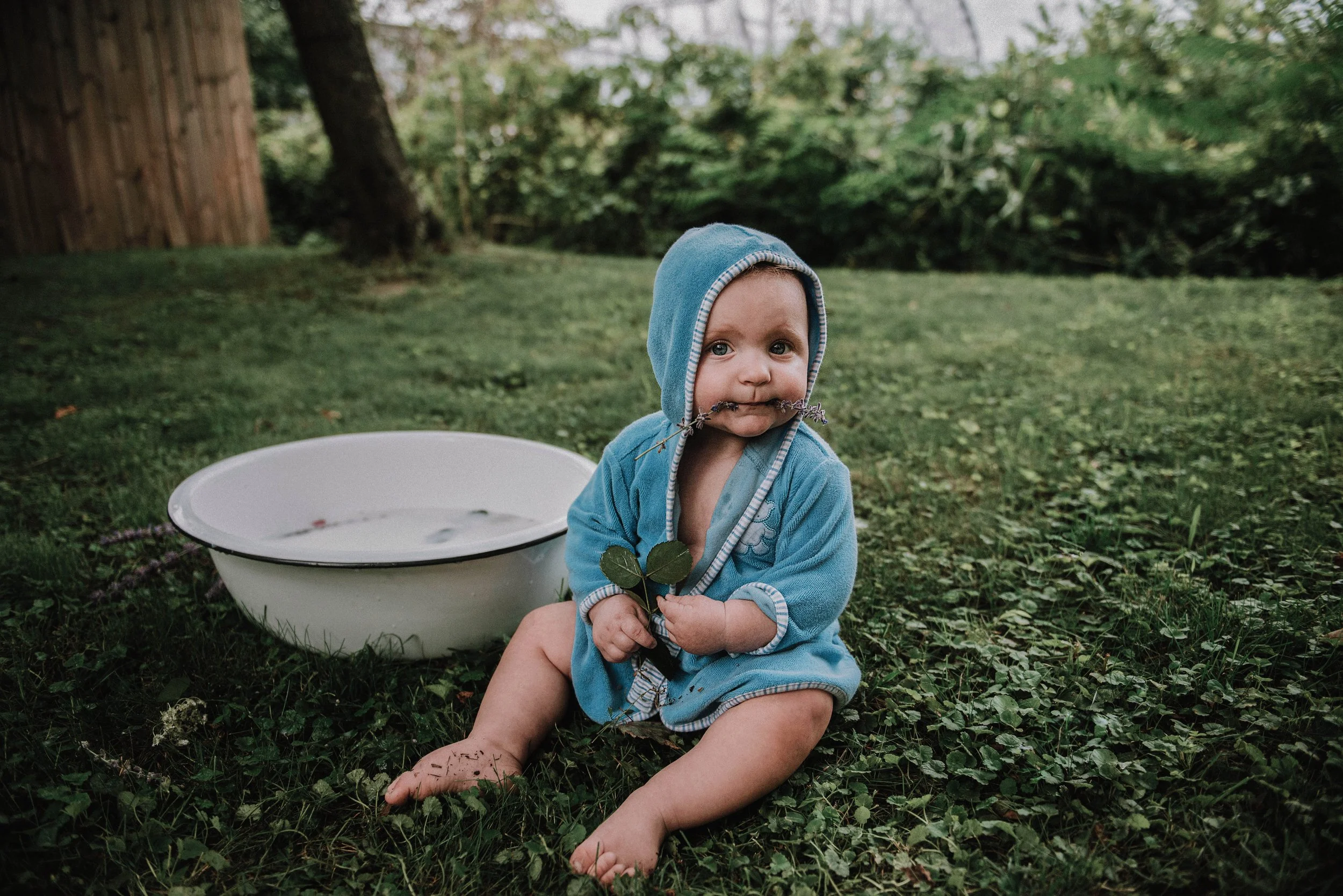 A young child with blue eyes and chubby cheeks, sitting on grass outside, holding a branch with leaves. The child is wearing a blue hoodie with the hood up and a patterned lining, and has mud on their hands and feet. Behind the child is a white bowl 