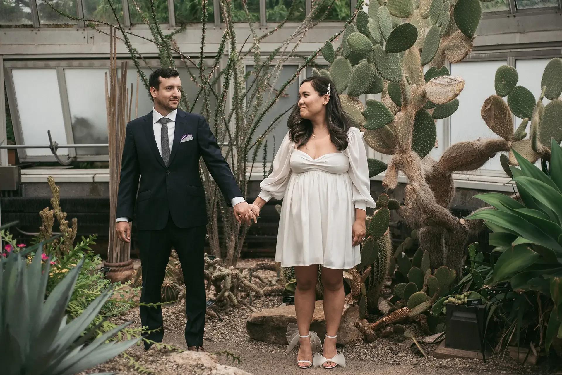 a bride and groom elope at Phipps, here they are standing in the desert room in front of cacti, the bride wears a short gown with long sleeves and the groom a traditional suit