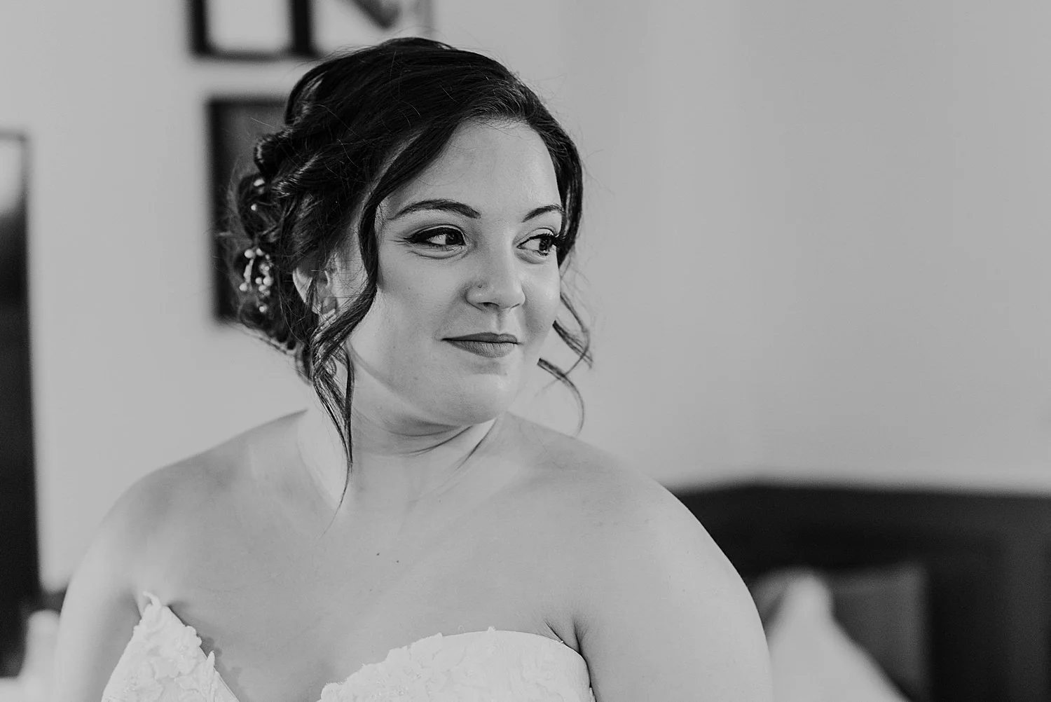 black and white portrait of bride looking away from camera